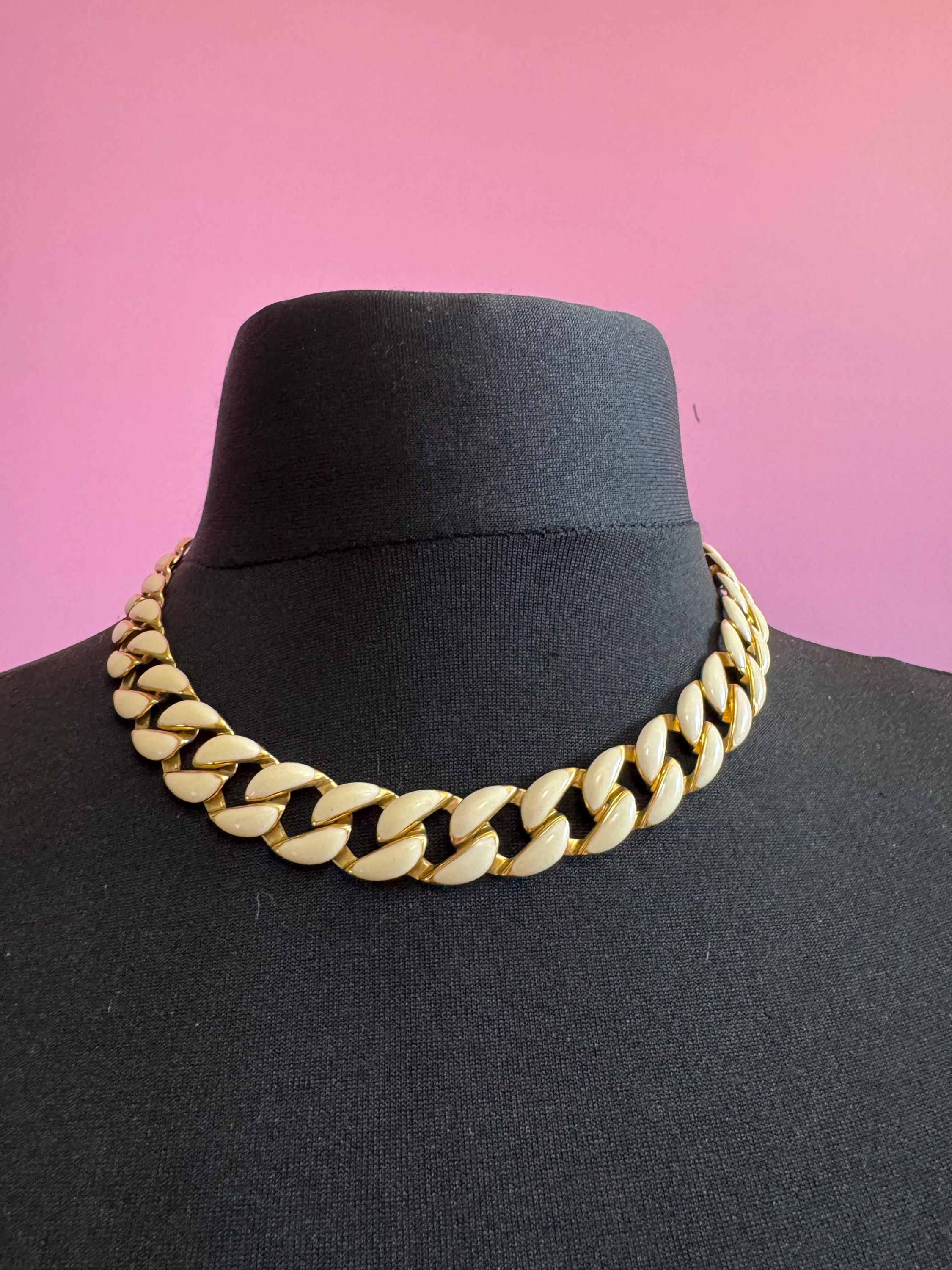Vintage lightweight gold tone and cream enamel panel link choker necklace 45cm, flat curb chain