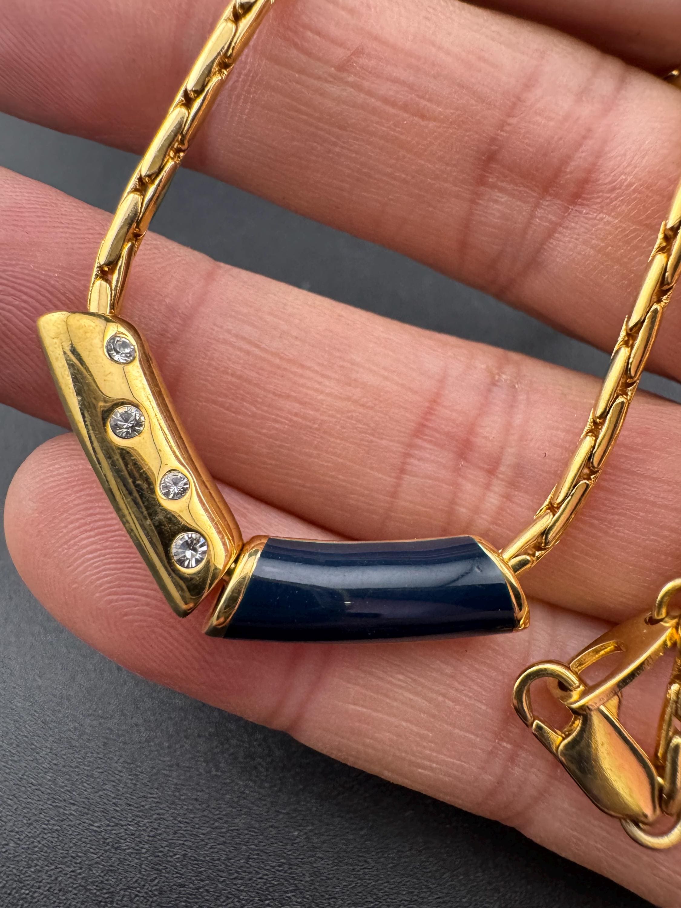 Vintage high end gold plated navy blue enamel beaded dainty necklace 43,  nautical style set with a diamanté crystal