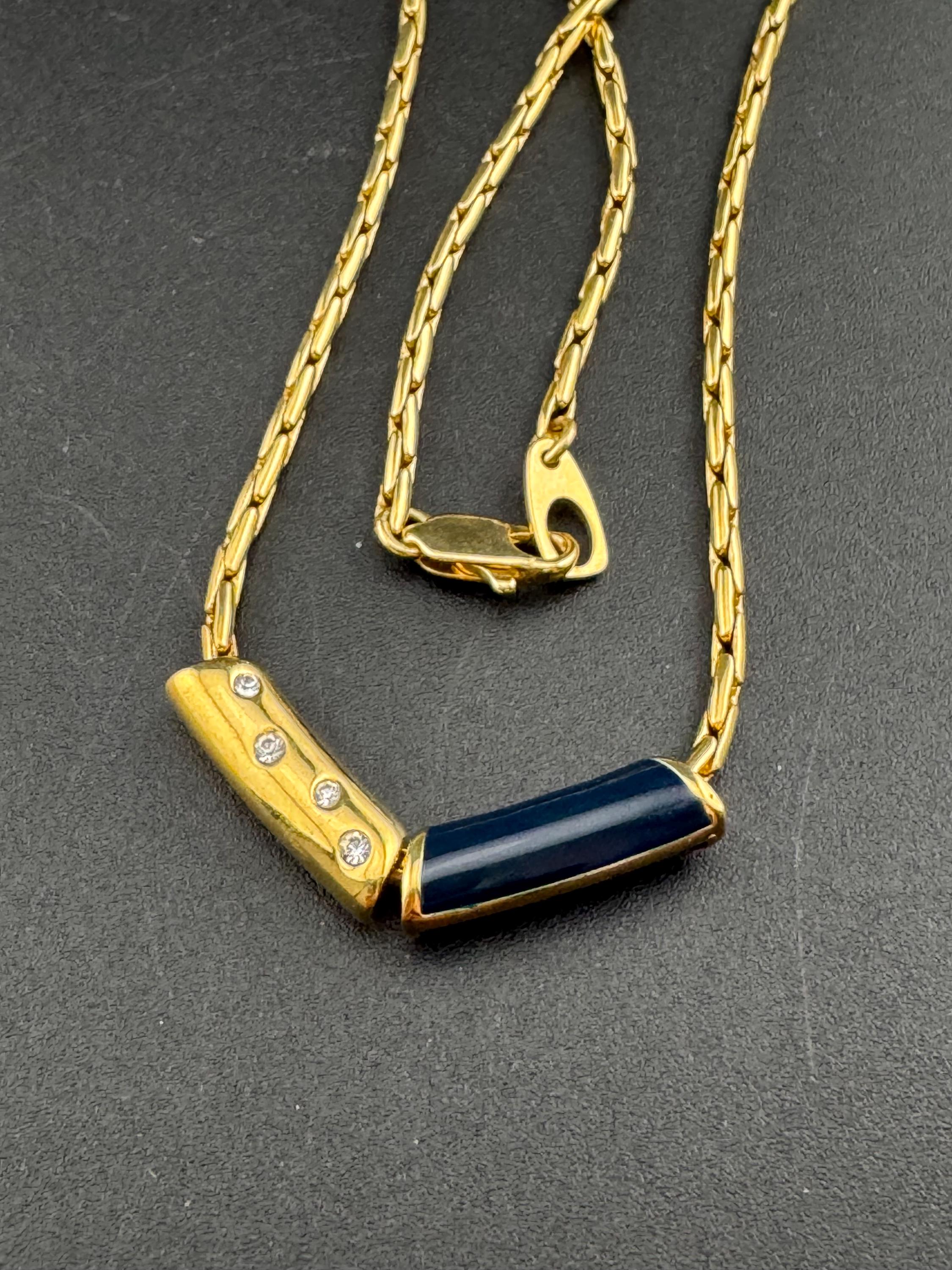 Vintage high end gold plated navy blue enamel beaded dainty necklace 43,  nautical style set with a diamanté crystal