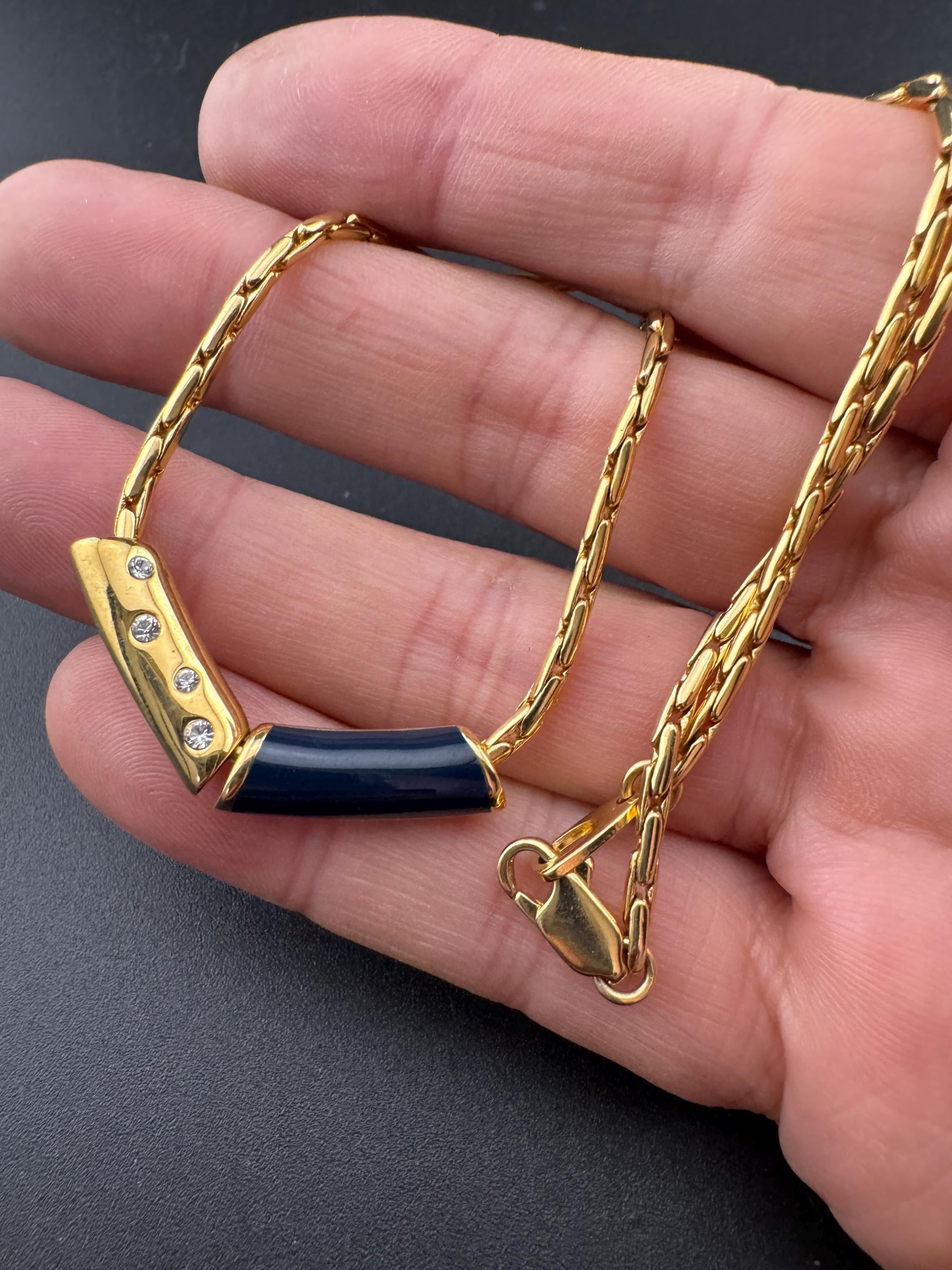 Vintage high end gold plated navy blue enamel beaded dainty necklace 43,  nautical style set with a diamanté crystal