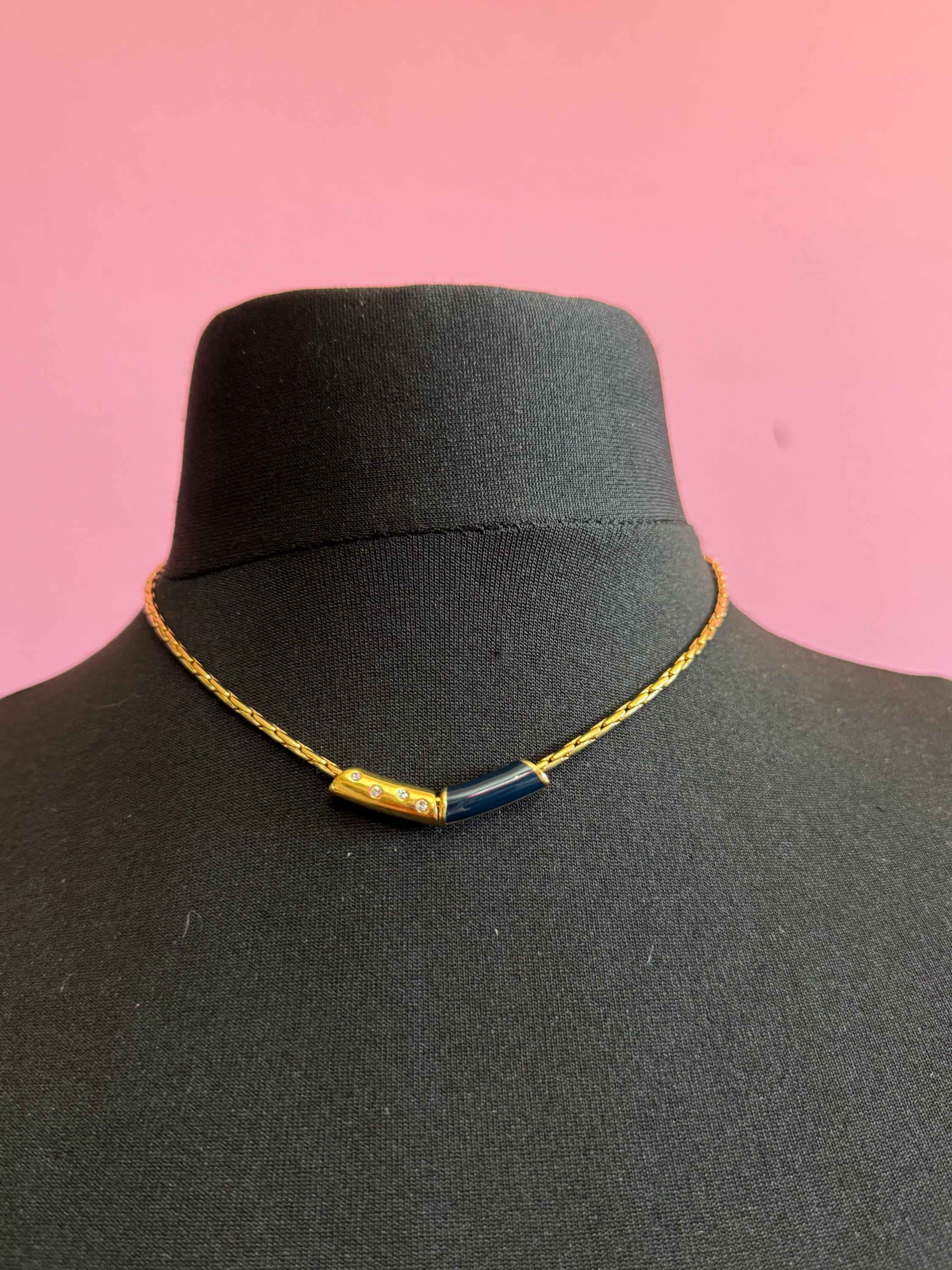 Vintage high end gold plated navy blue enamel beaded dainty necklace 43,  nautical style set with a diamanté crystal