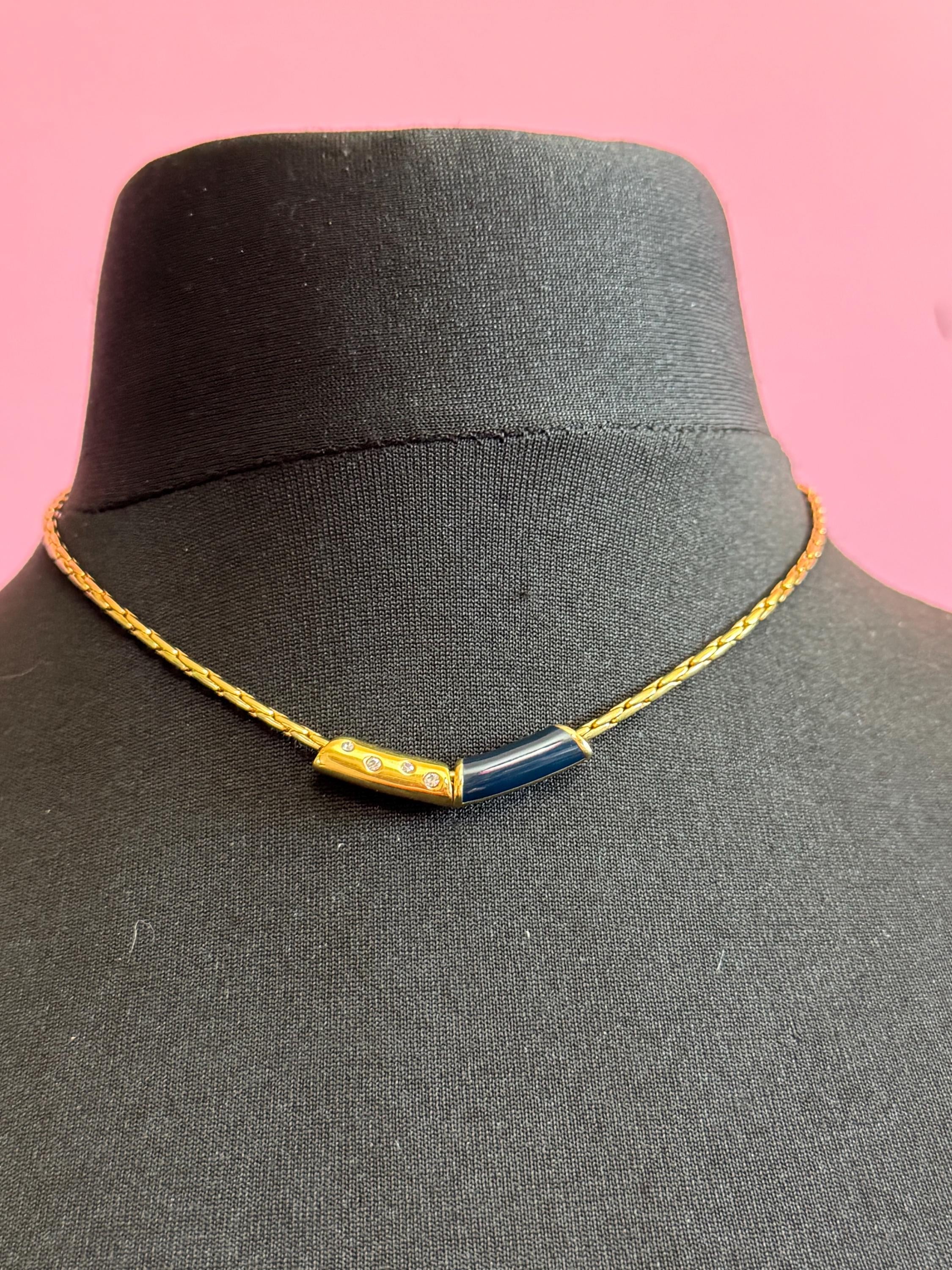 Vintage high end gold plated navy blue enamel beaded dainty necklace 43,  nautical style set with a diamanté crystal