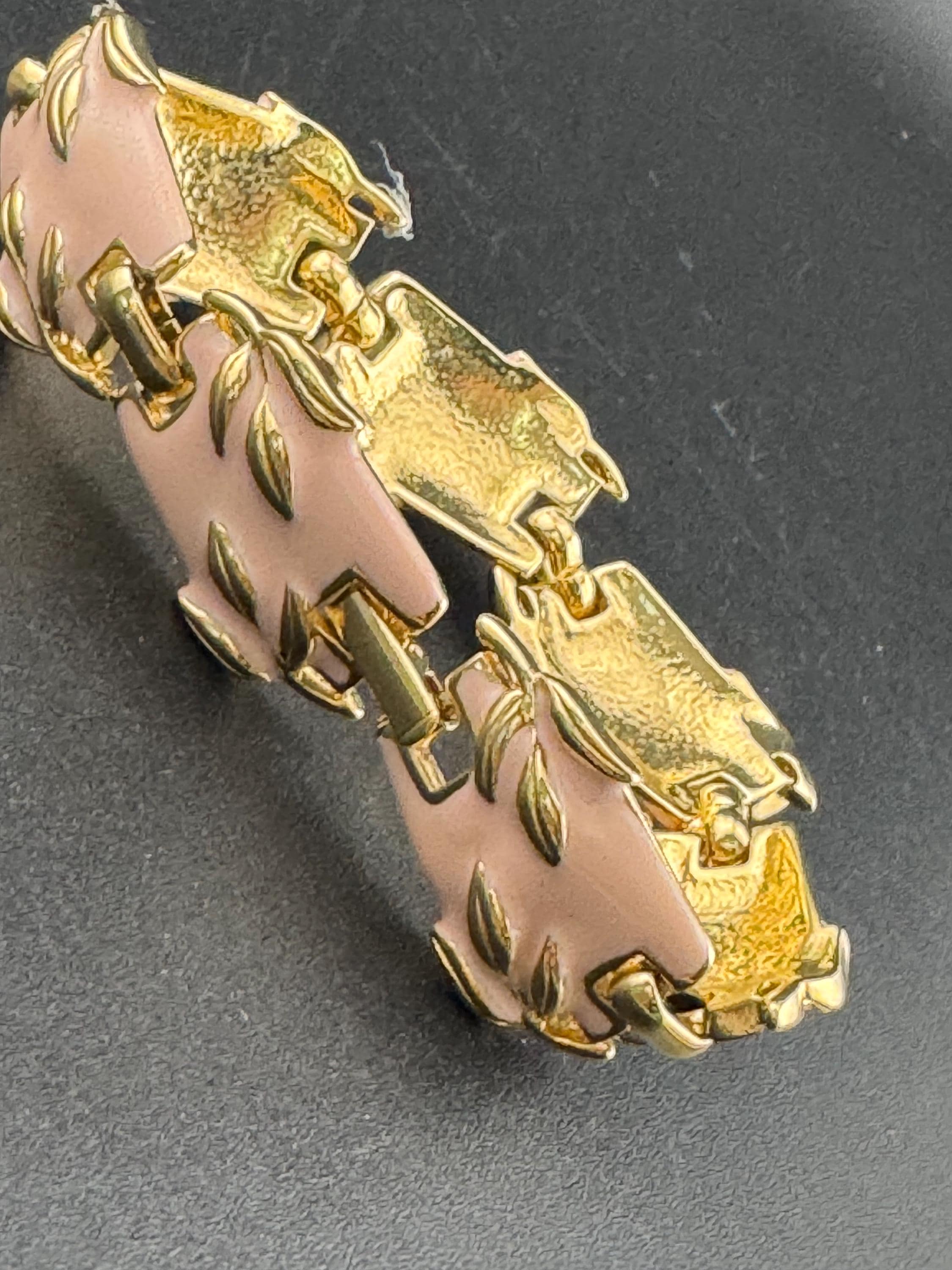 Vintage gold tone chain link soft baby pink enamel panel link bracelet 1990s