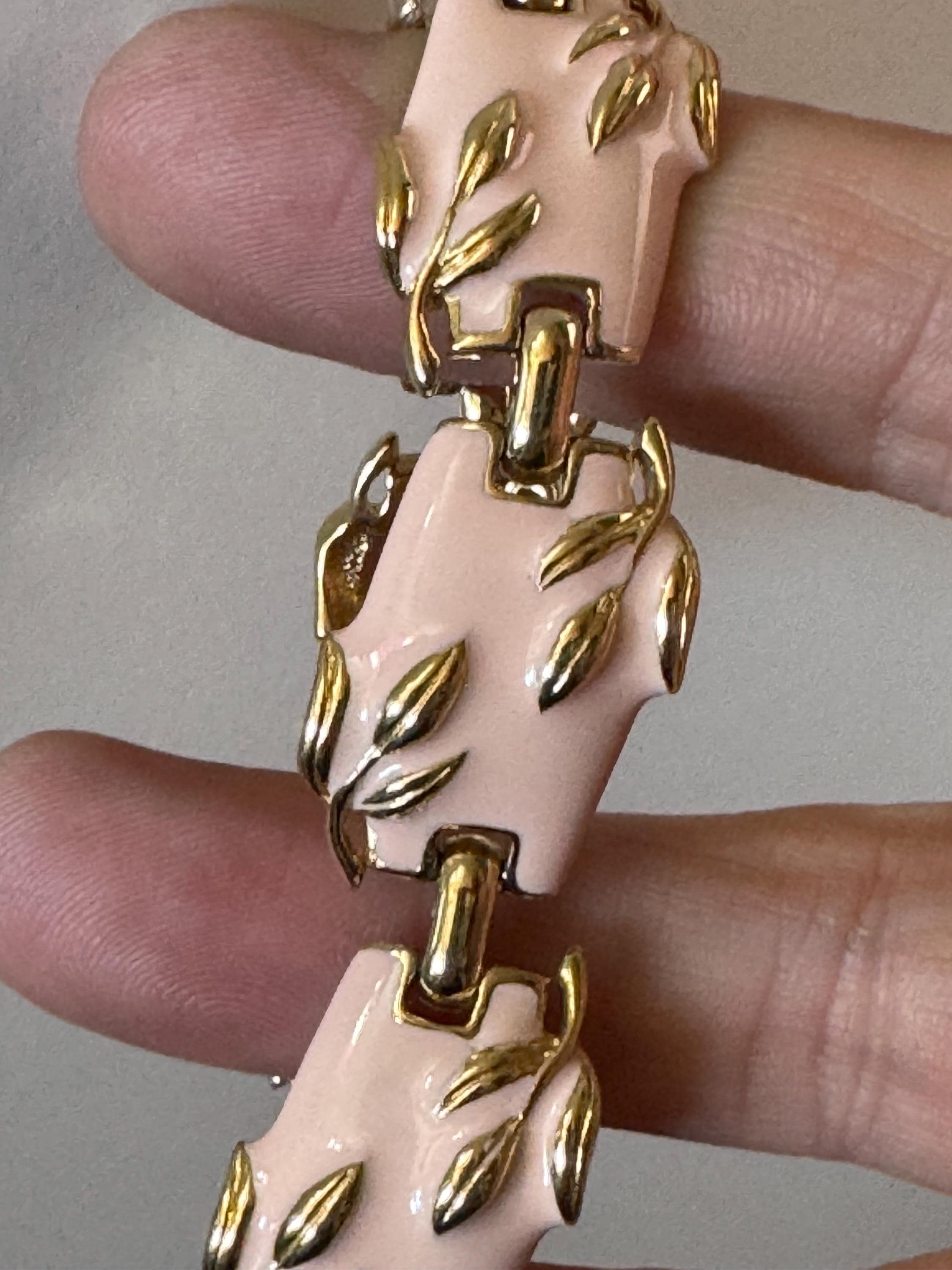 Vintage gold tone chain link soft baby pink enamel panel link bracelet 1990s