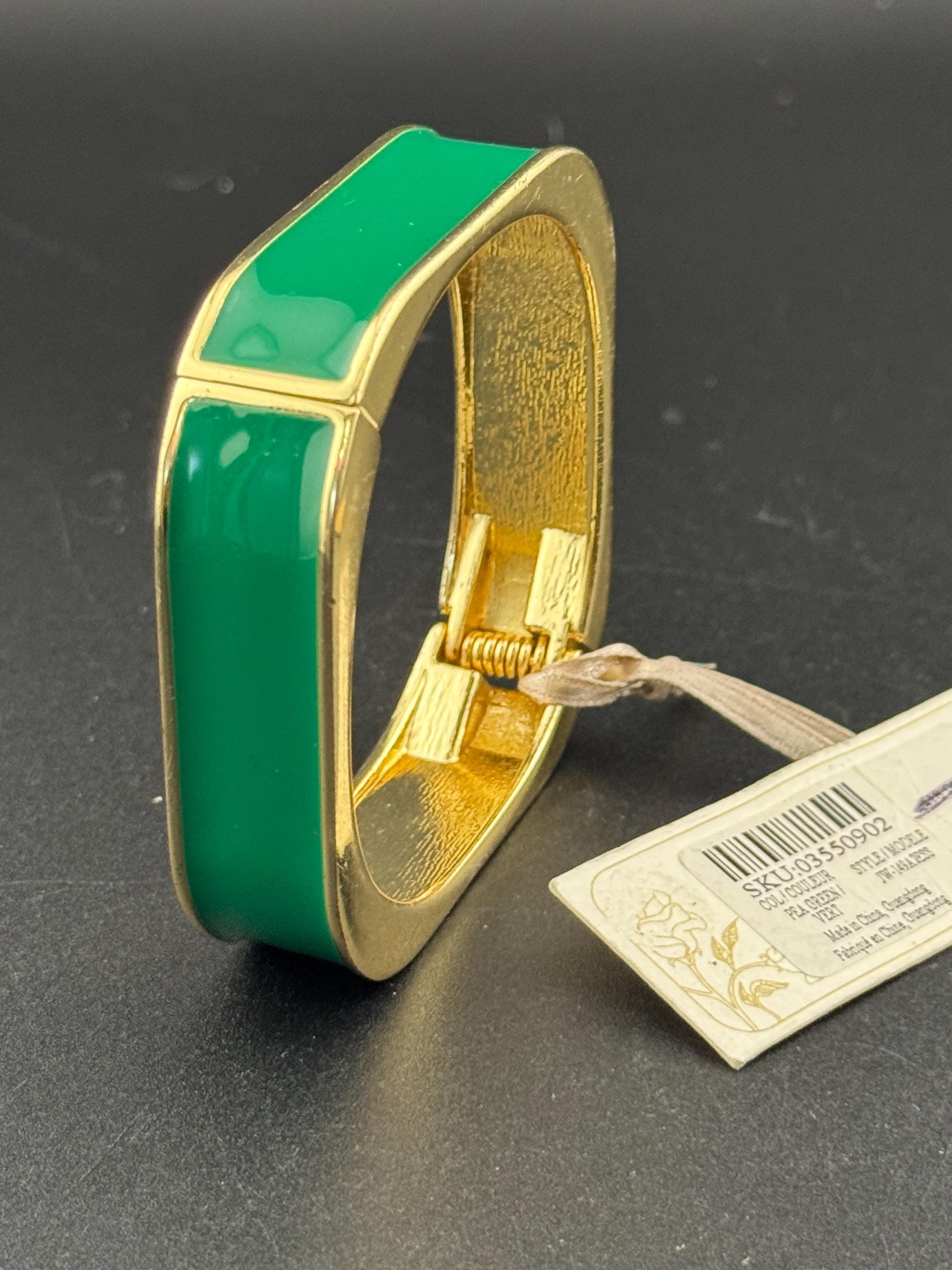 Retro Laura  Ashley Green Enamel square clamper Bangle with tags gold tone