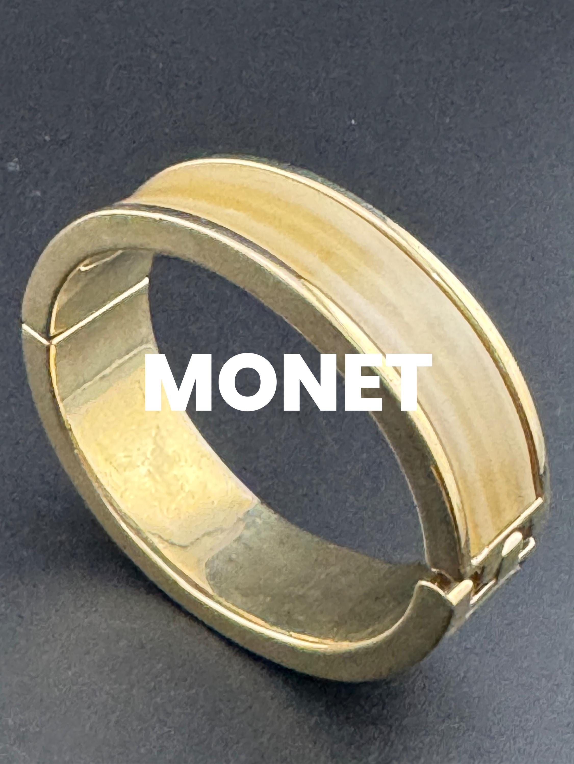 As found Signed Monet beige brown neutral Enamel oval clamper Bangle