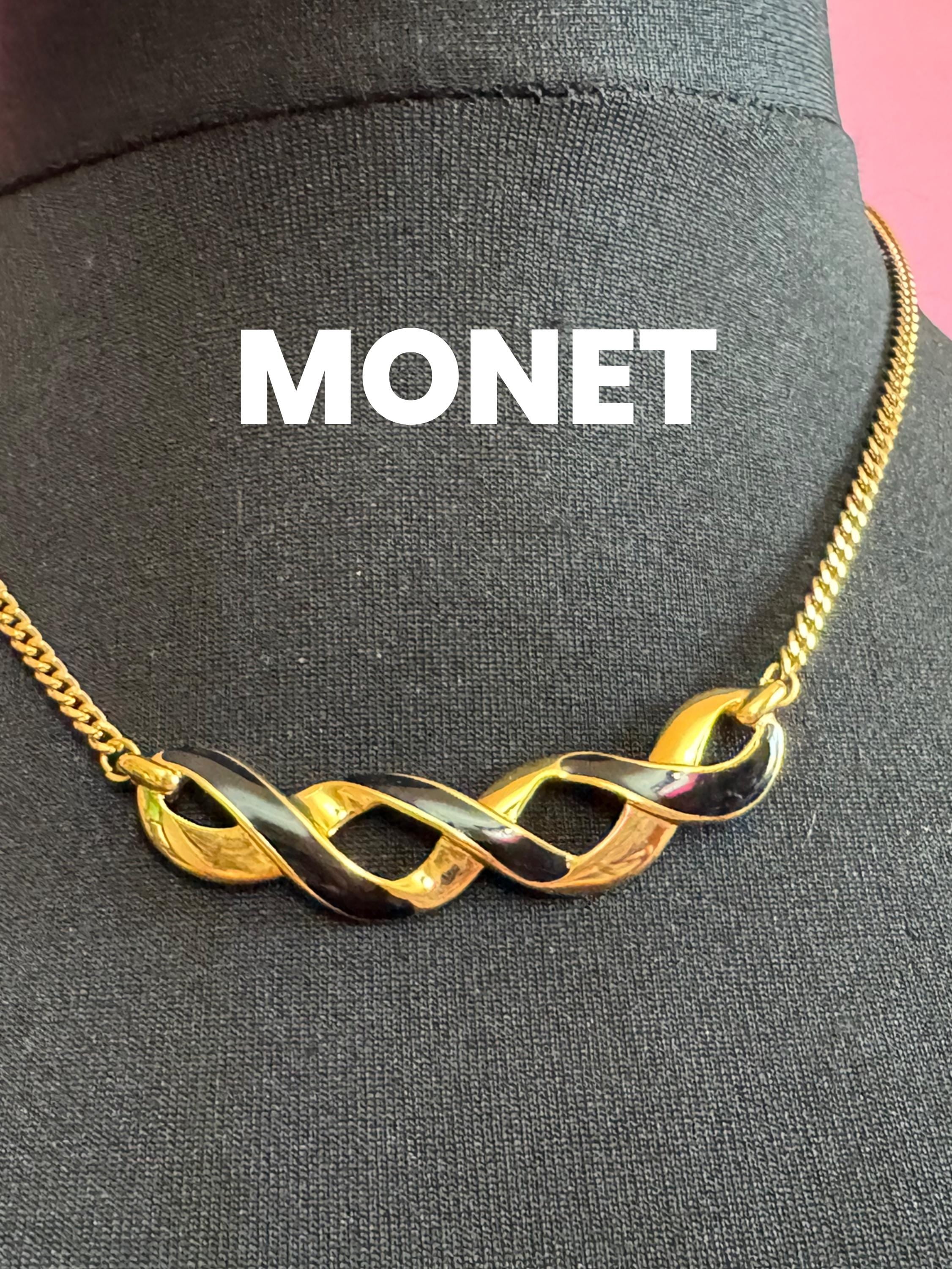 Signed Monet Vintage wide gold tone black enamel collar necklace high end statement jewellery 80s 90s