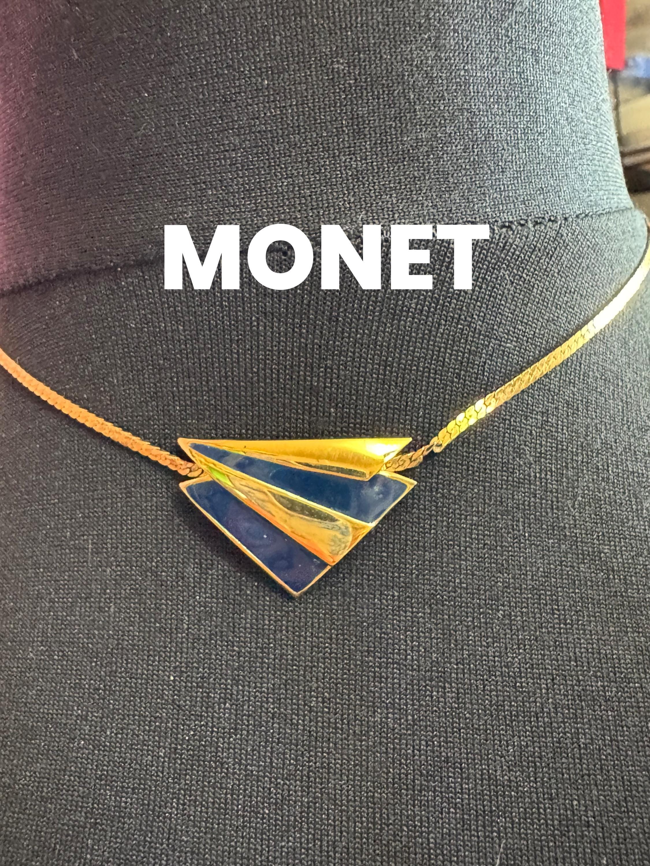 Dainty 40cm Signed Monet Vintage wide gold tone navy blue enamel collar necklace high end statement jewellery 80s 90s