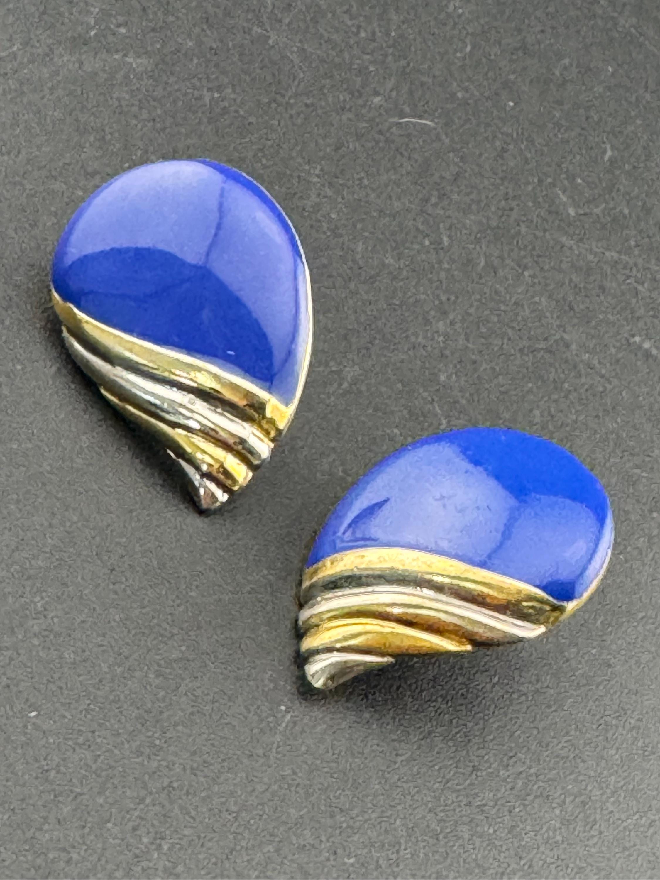 Vintage large 3cm Gold tone royal Blue enamel pair teardrop stud earrings pierced