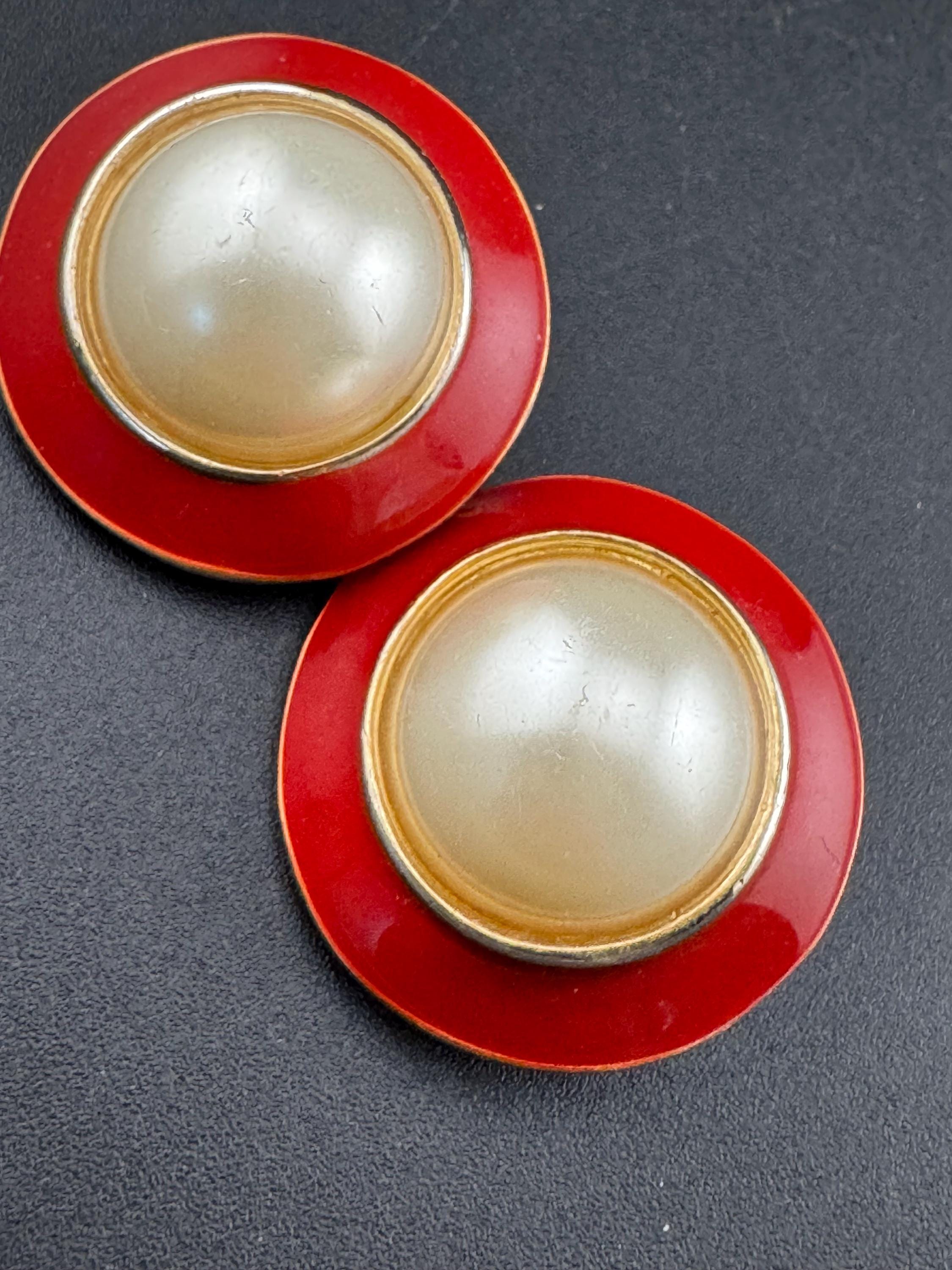 Vintage Retro High End Gold tone red enamel clip on earrings  with central pearl cabochon 1980s 1990s