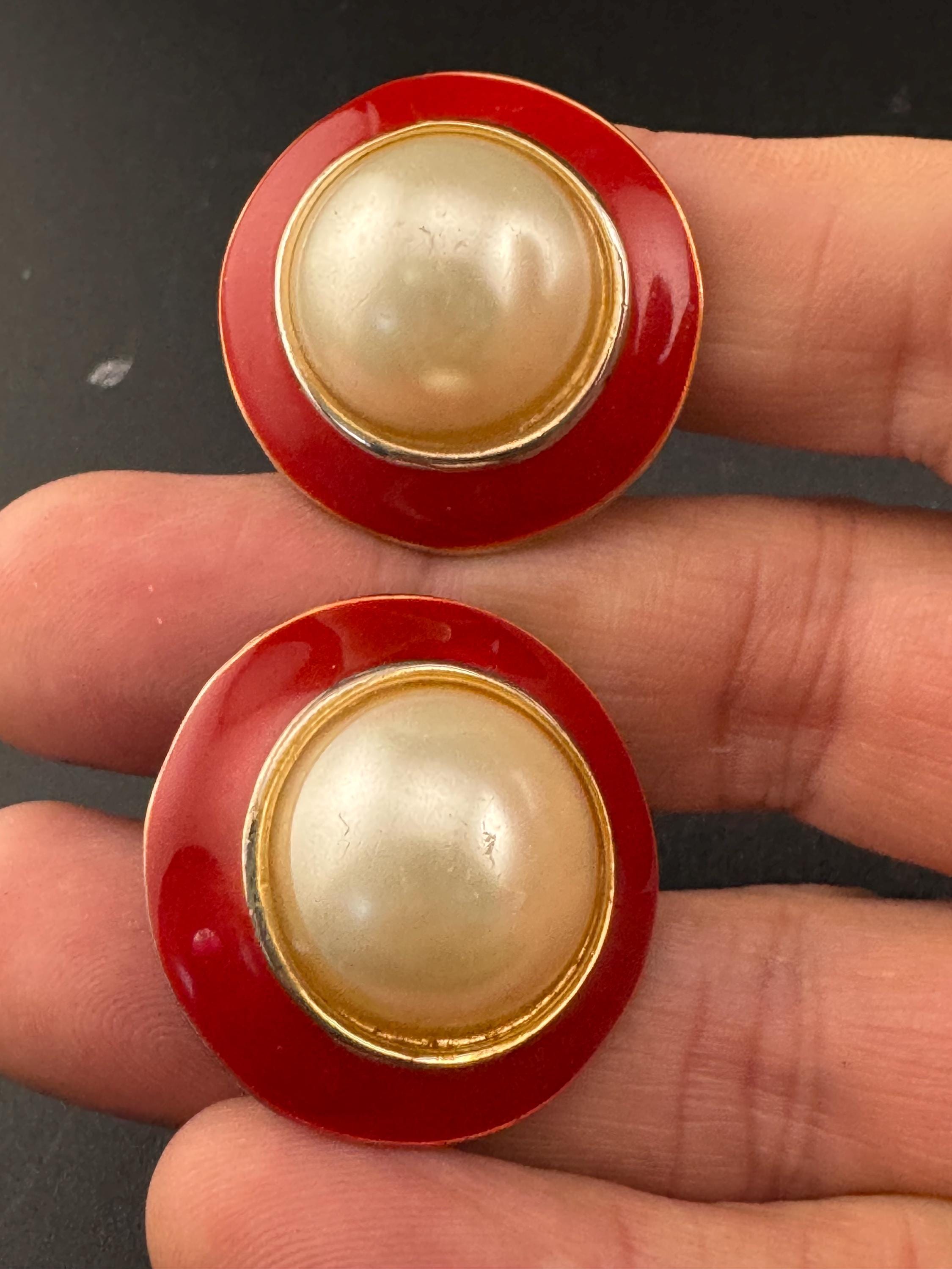 Vintage Retro High End Gold tone red enamel clip on earrings  with central pearl cabochon 1980s 1990s