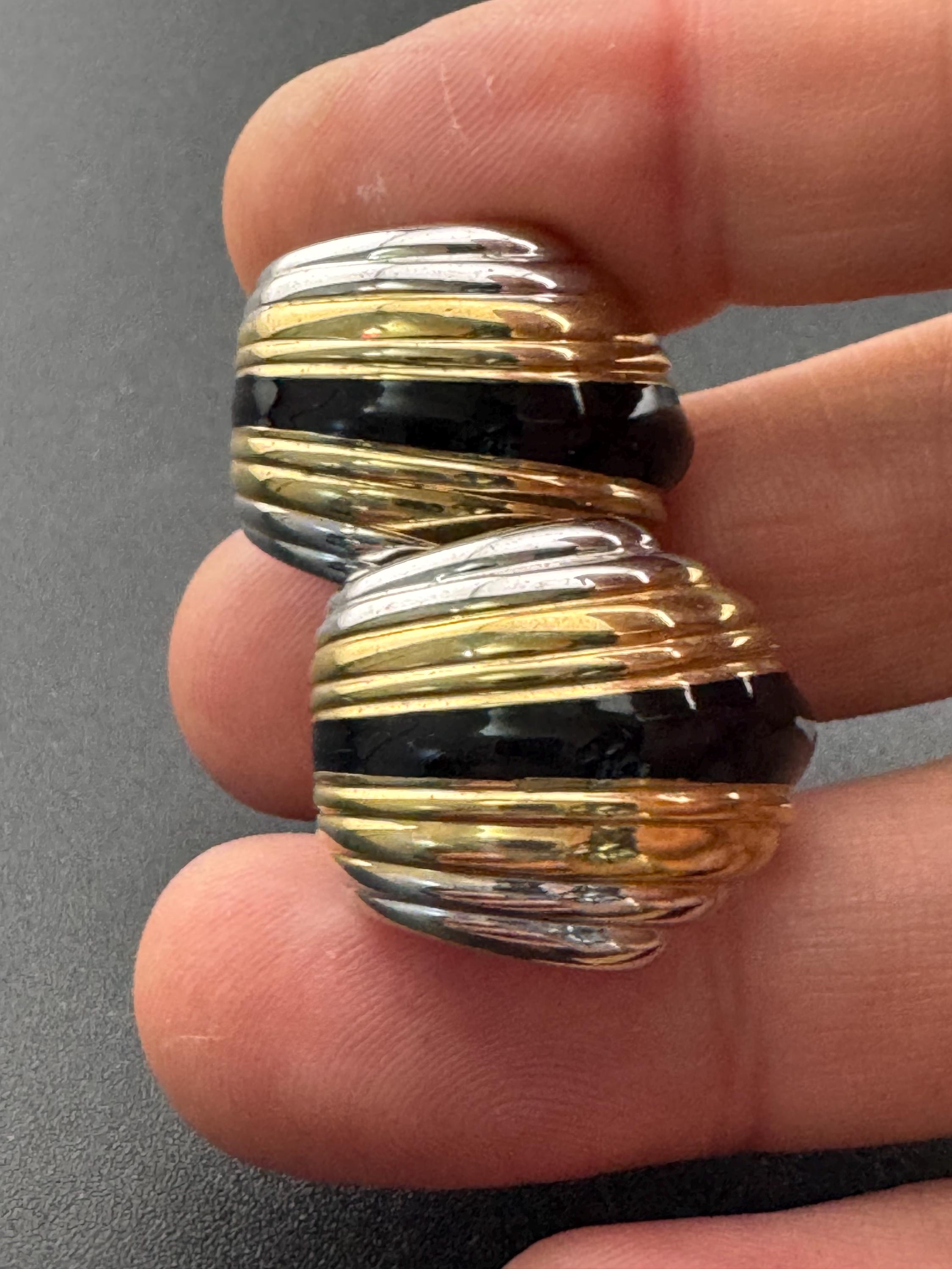 2cm vintage silver and gold tone statement black enamel clip on earrings