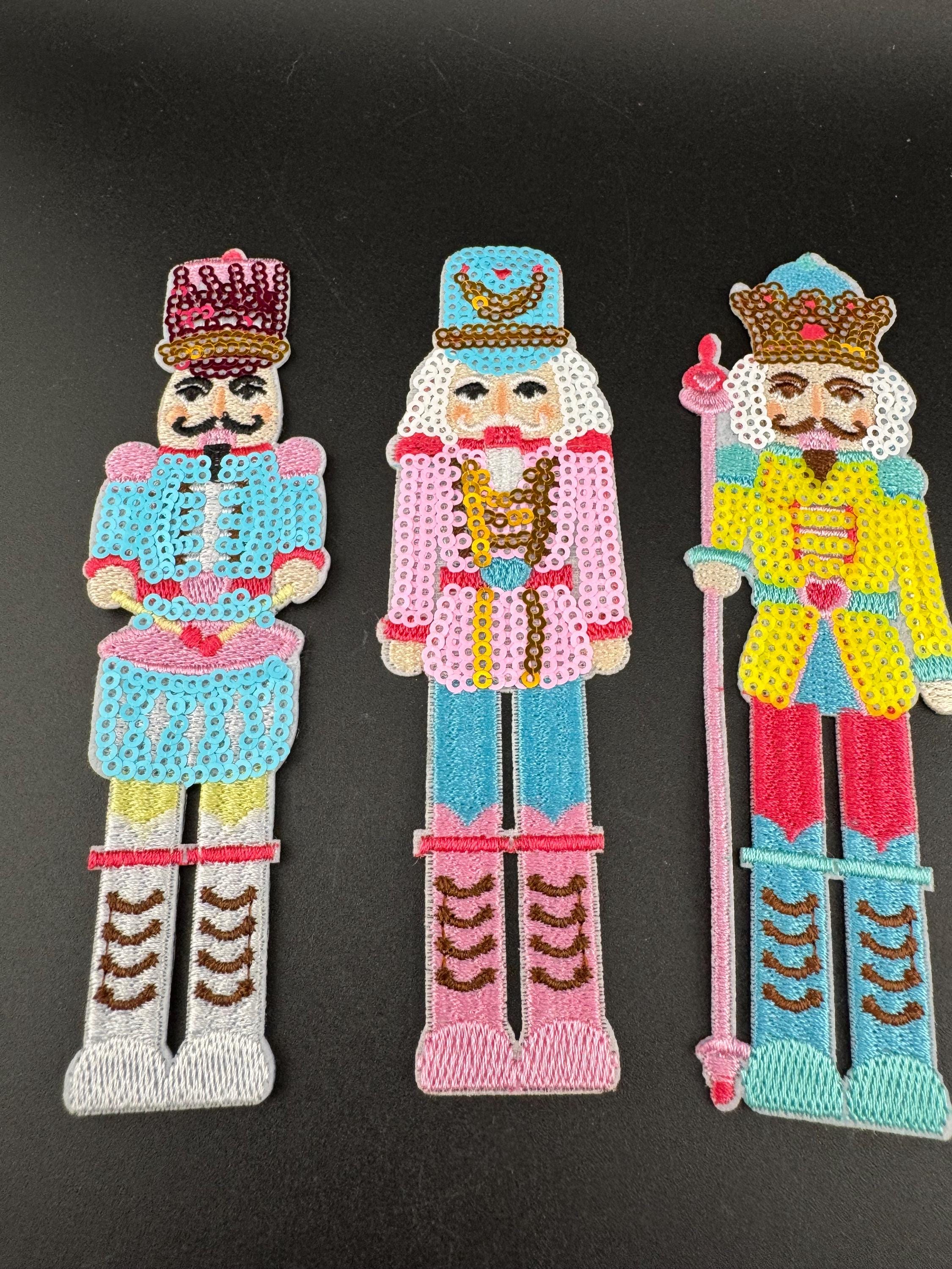 iron on 14cm x 5cm sequin nutcracker man soldier patches applique for sewing chose blue pink or yellow