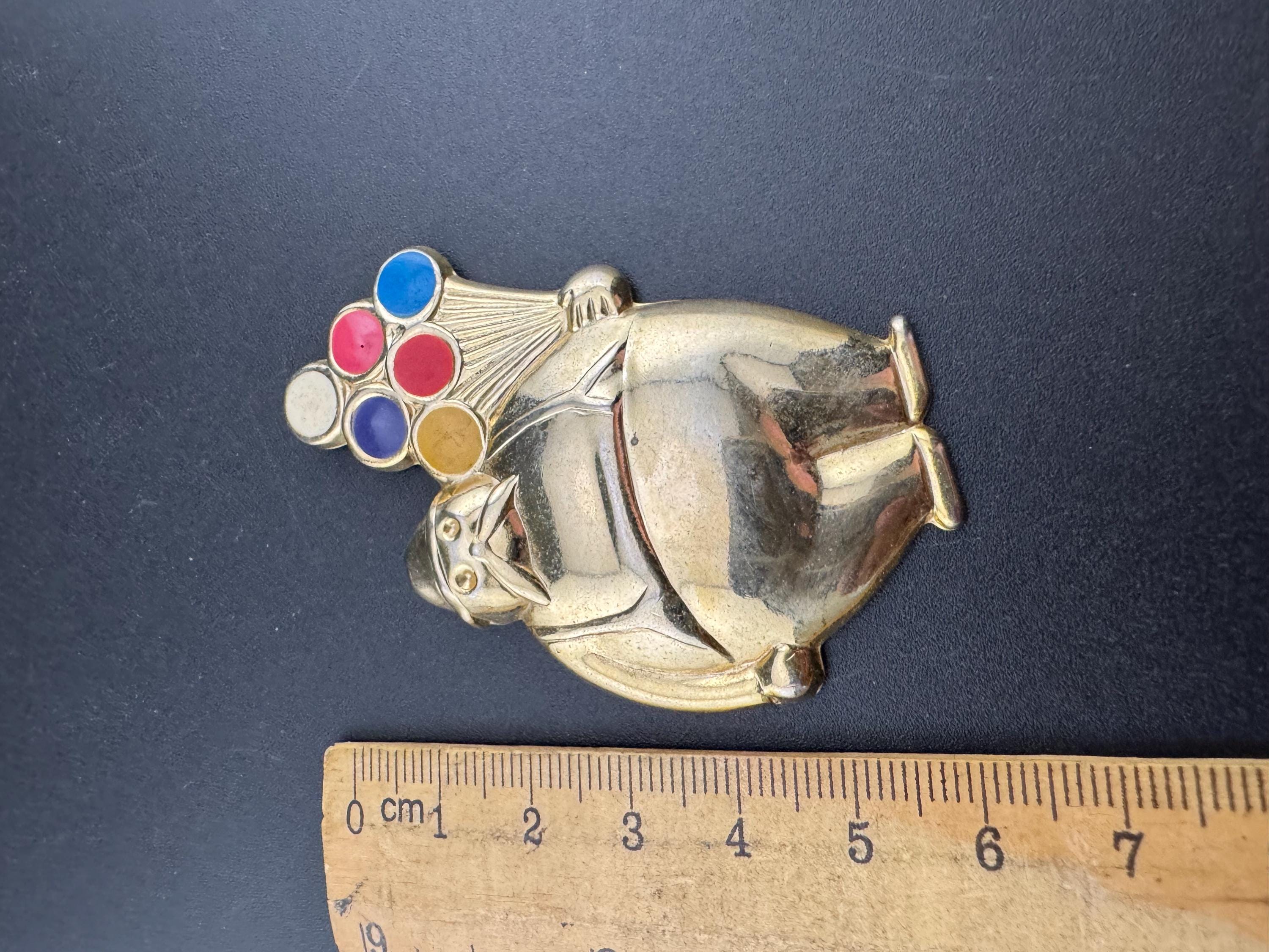 Vintage 1980s gold tone coloured enamelled circus clown with balloons brooch