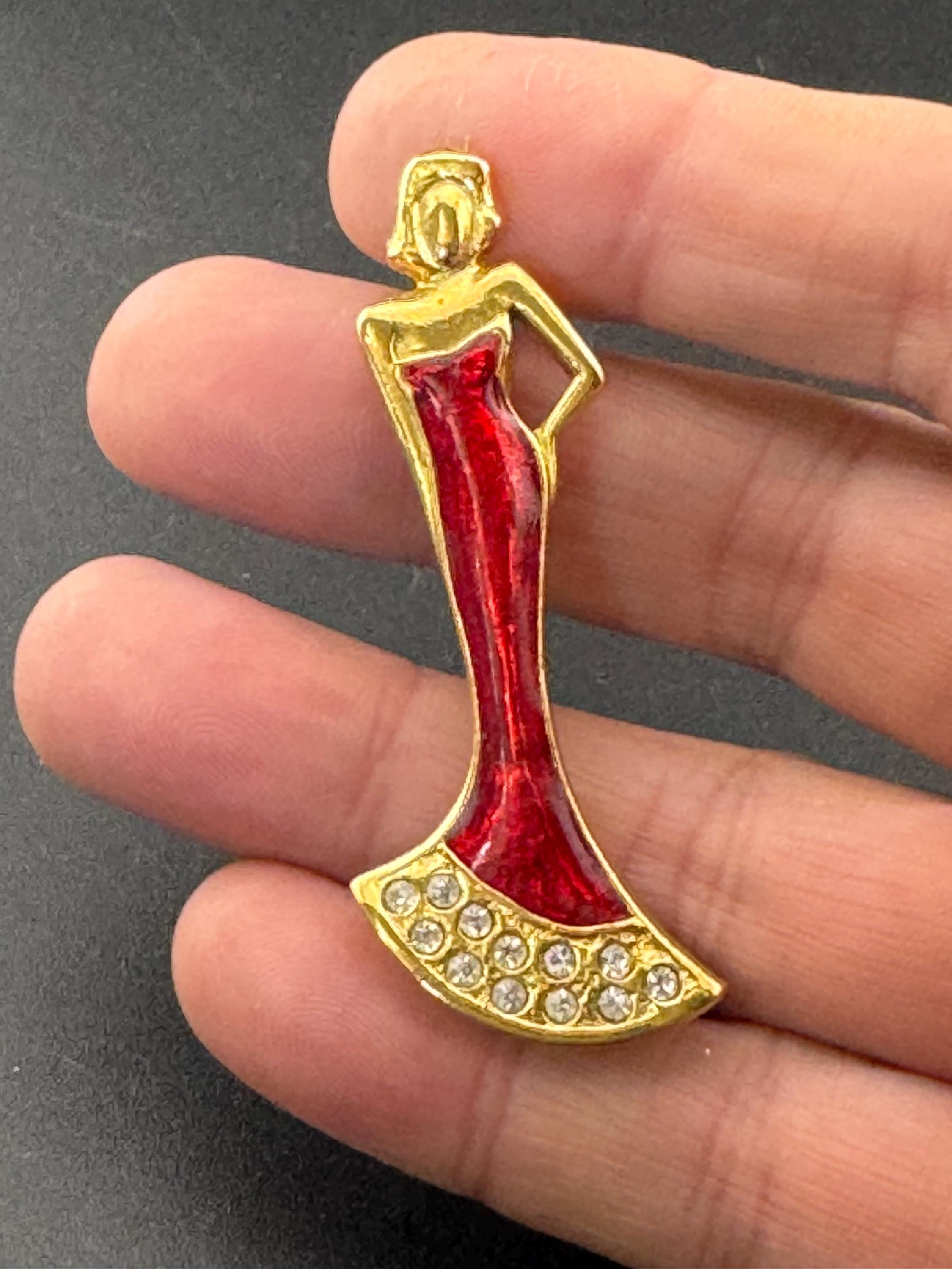 Vintage Red Enamel Lady Brooch: 1980s Diamanté Hollywood Glamour Pin