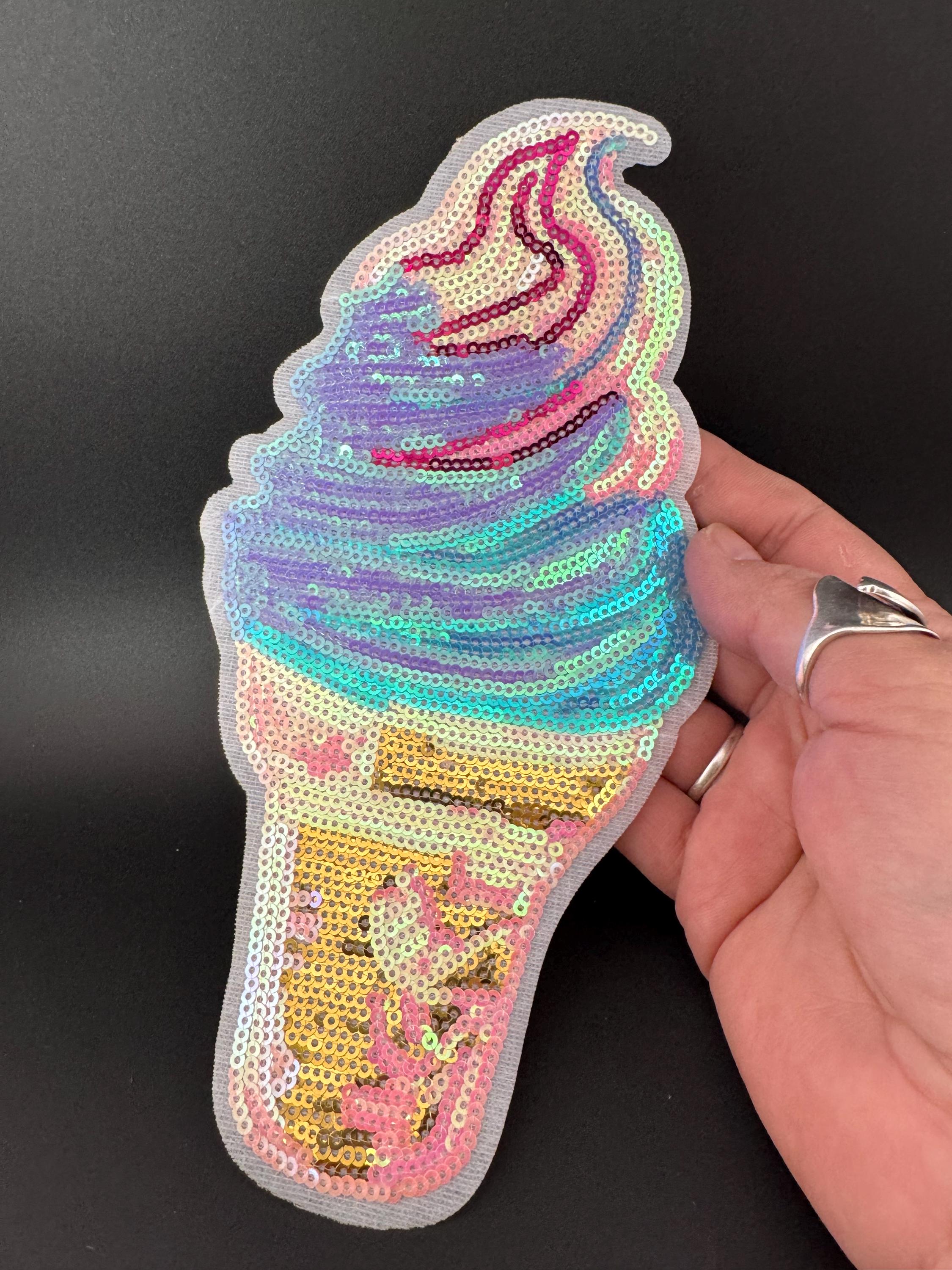 XL iron on ice cream patch sequin applique for sewing in blue, pink and gold, summer clothing upcycle 21cm x 11cm