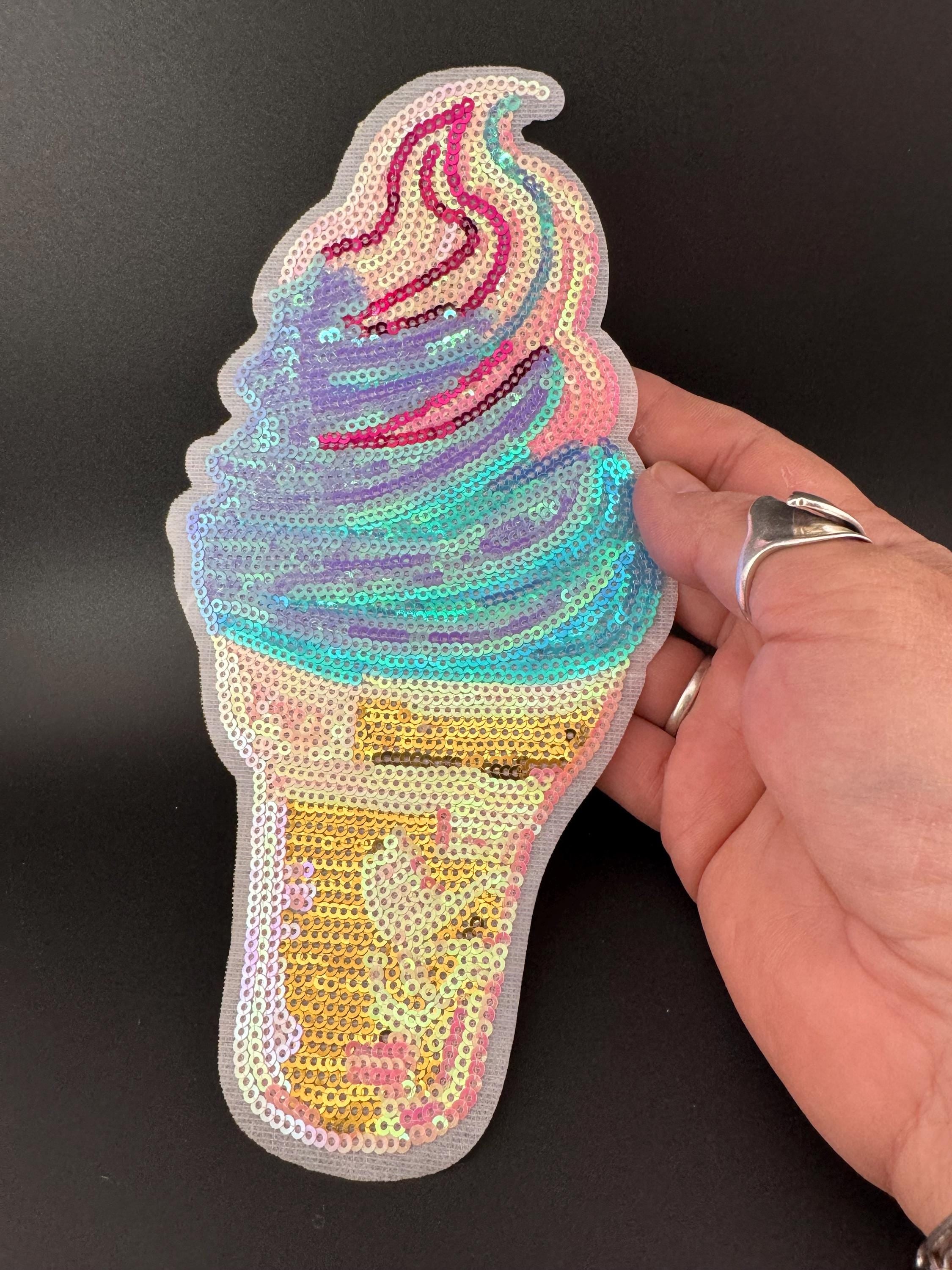 XL iron on ice cream patch sequin applique for sewing in blue, pink and gold, summer clothing upcycle 21cm x 11cm