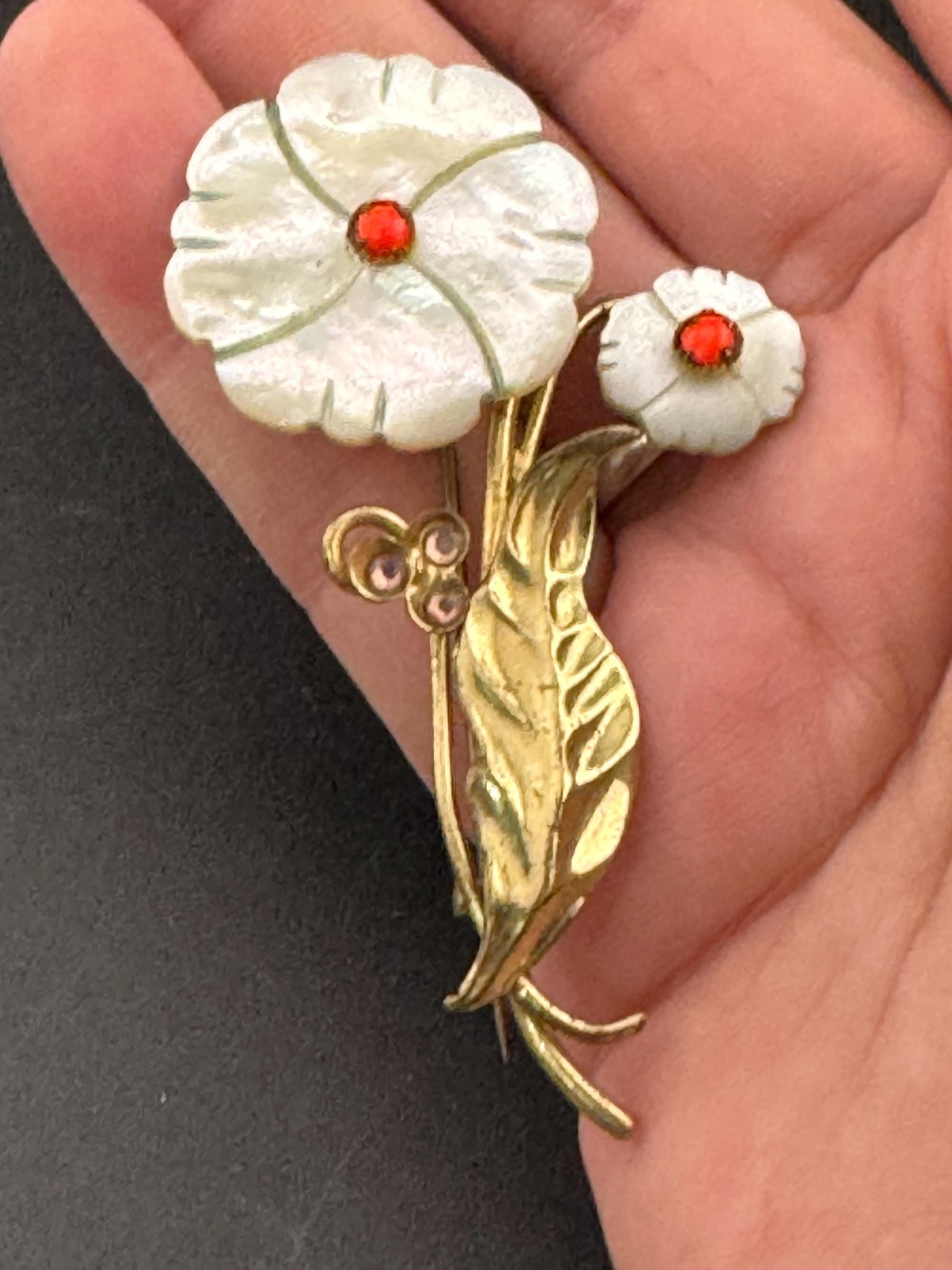 Vintage MOP carved cut Mother of Pearl floral rose Brooch 1940s gold tone brass metal