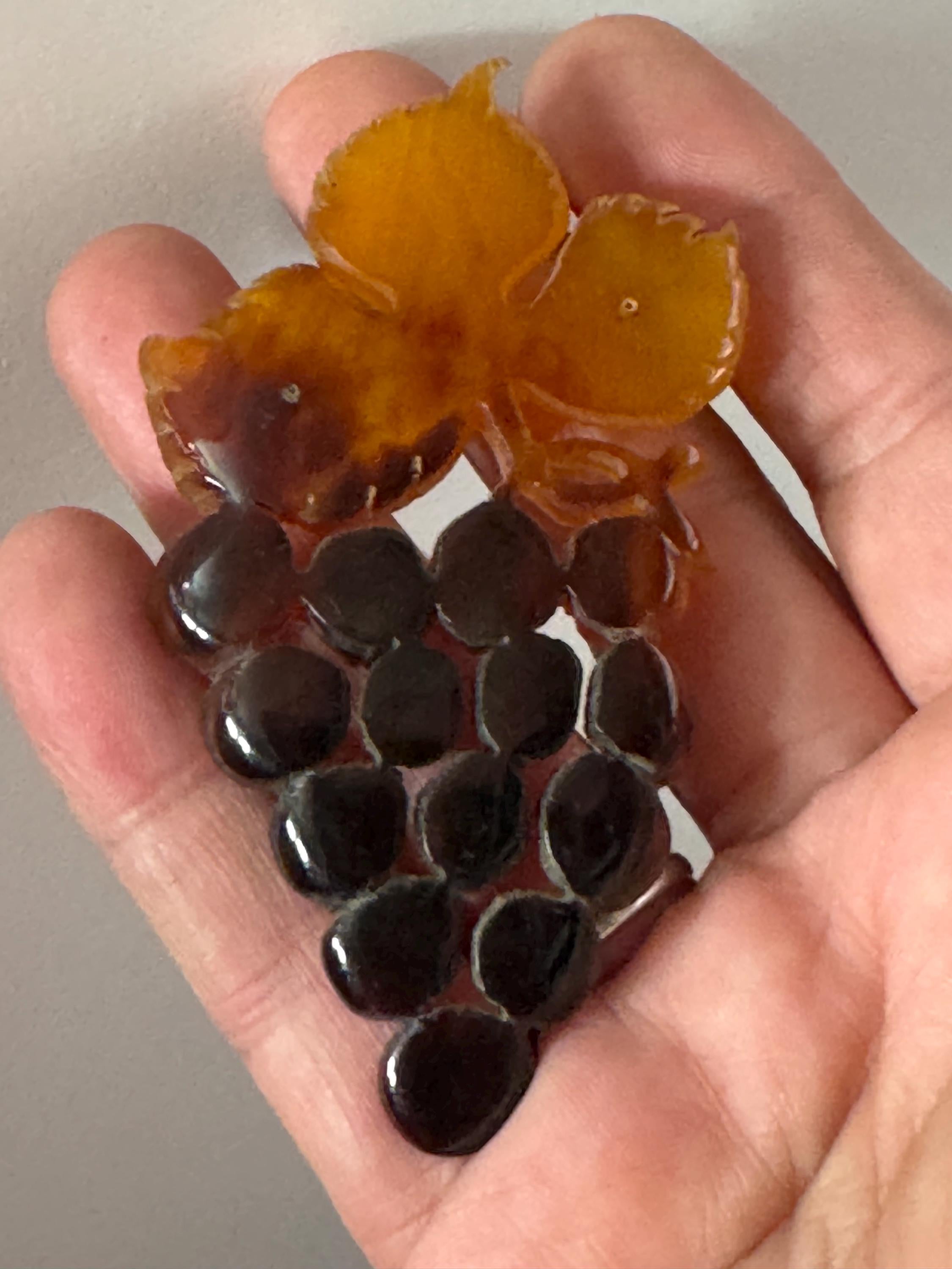 Vintage Faux Tortoiseshell Grapes Brooch: Carved Plastic Flower, 9cm