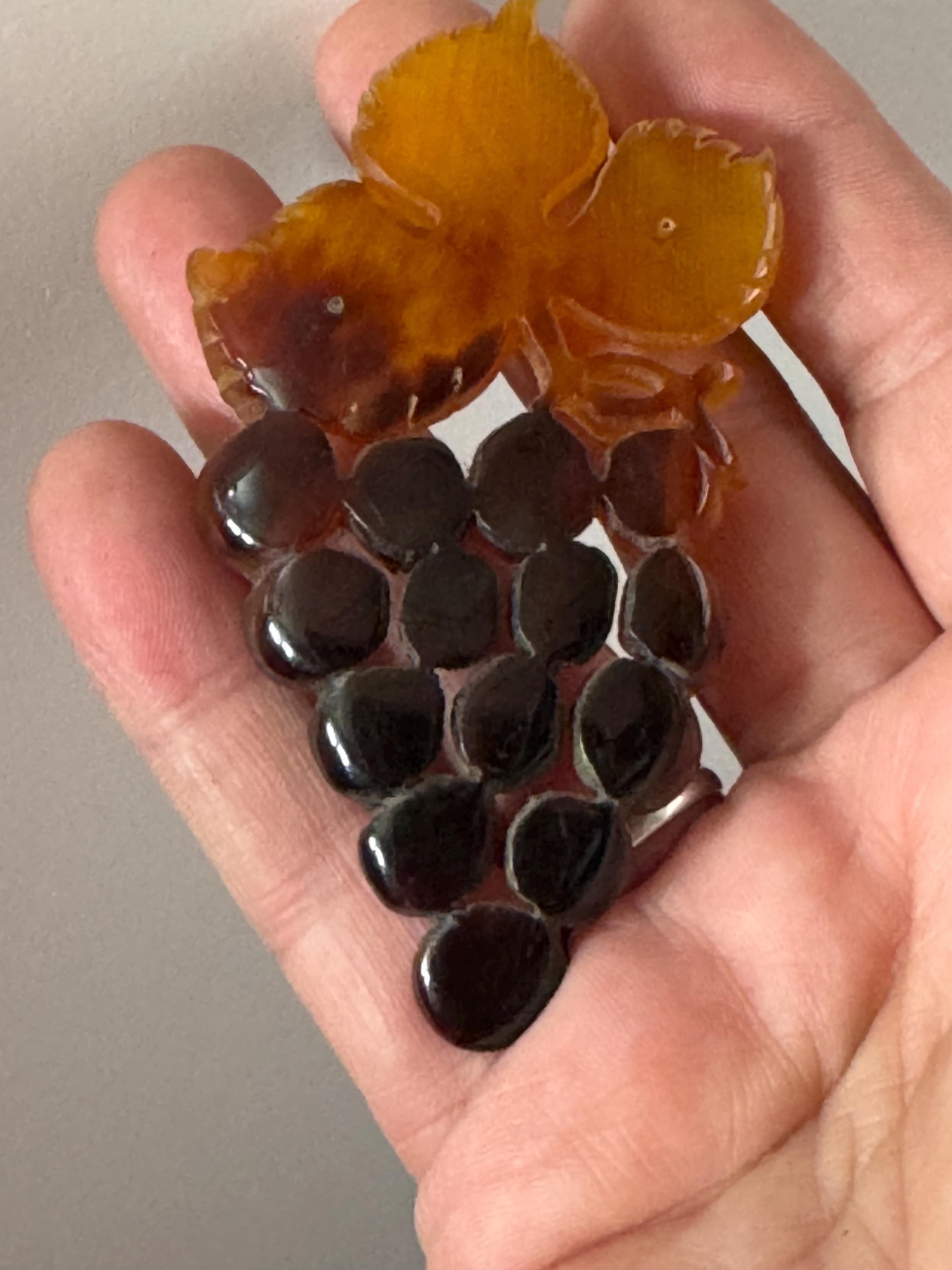 Vintage Faux Tortoiseshell Grapes Brooch: Carved Plastic Flower, 9cm