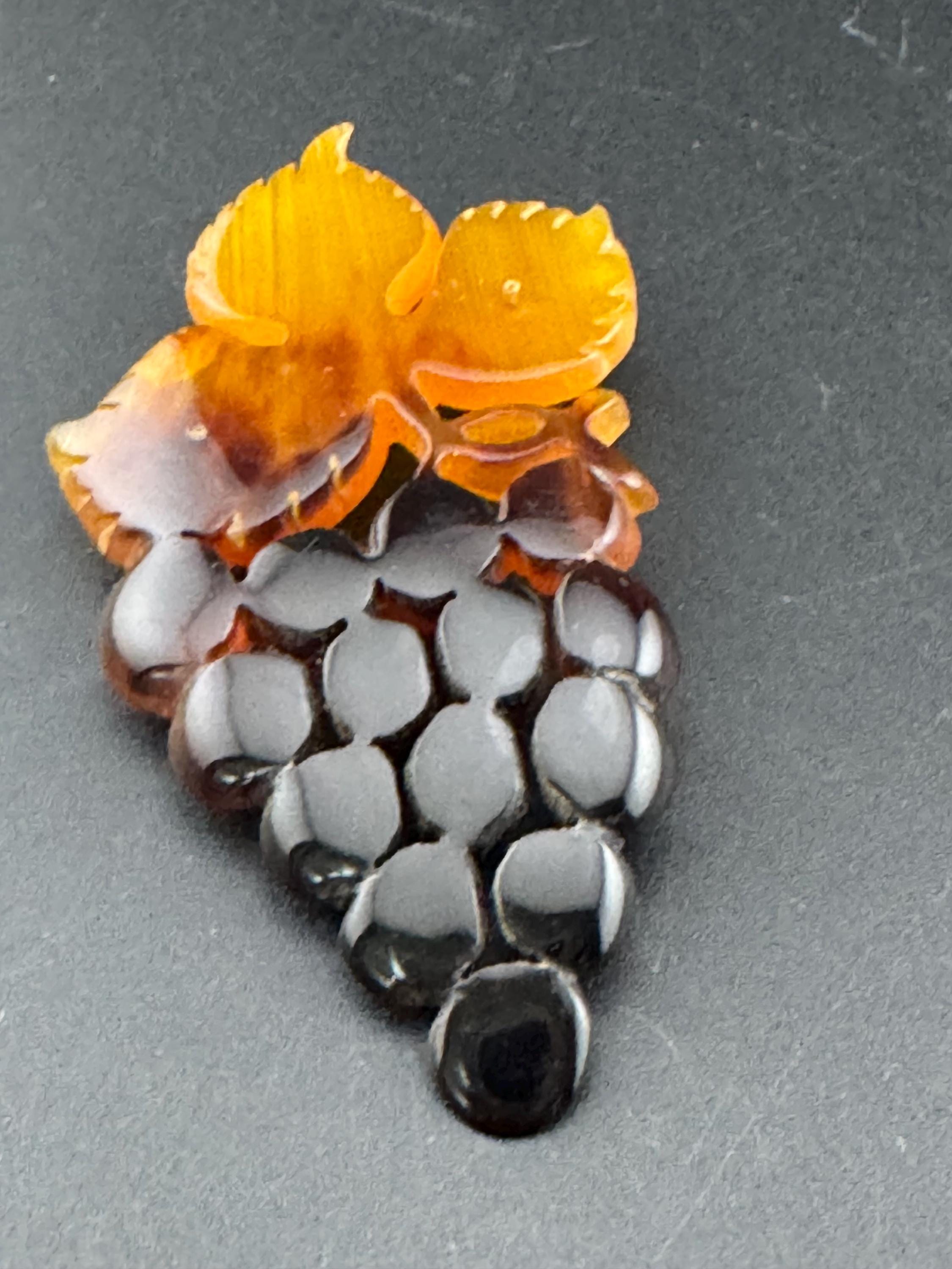 Vintage Faux Tortoiseshell Grapes Brooch: Carved Plastic Flower, 9cm