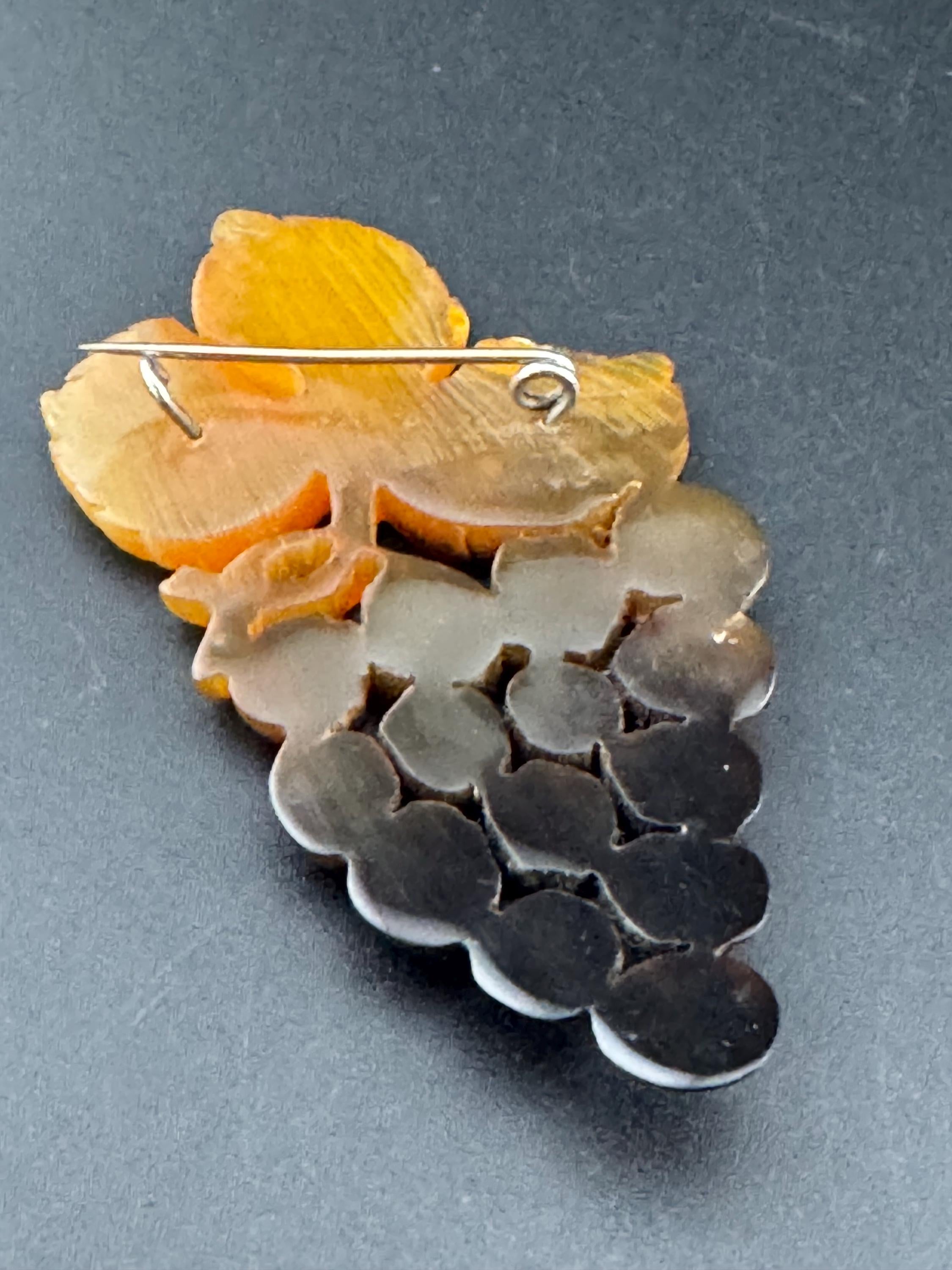 Vintage Faux Tortoiseshell Grapes Brooch: Carved Plastic Flower, 9cm