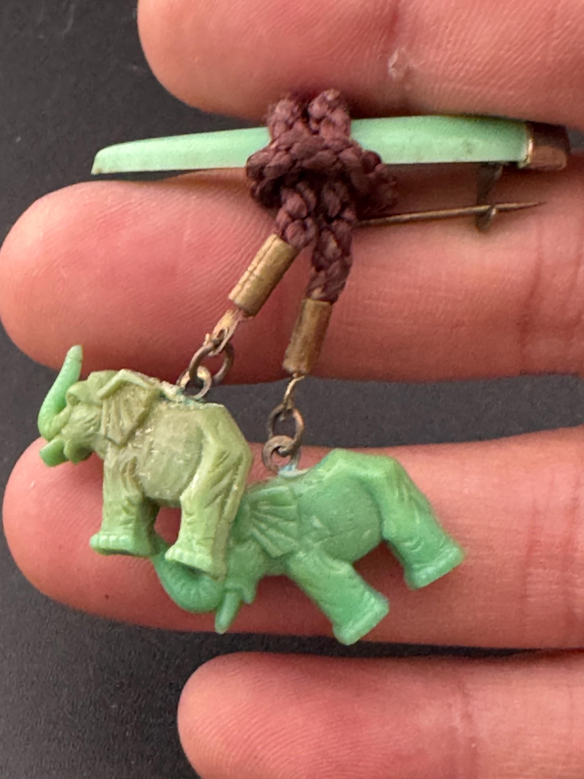 Vintage Celluloid Early Plastic Green dangly Elephant brooch 1920s
