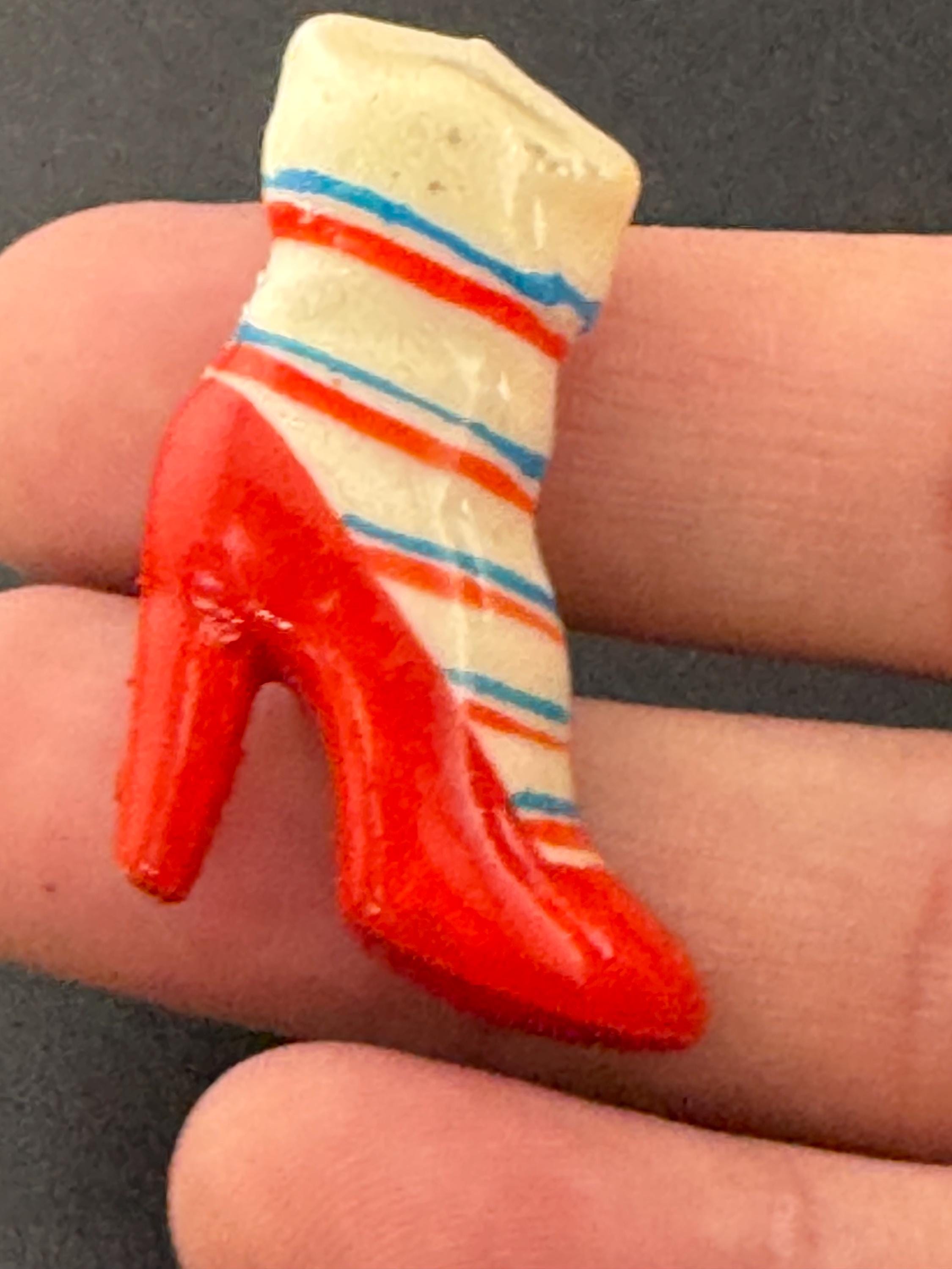 Early Plastic vintage bright red pair high heeled shoe brooch pin 1950s Antique Vintage celluloid Kitsch
