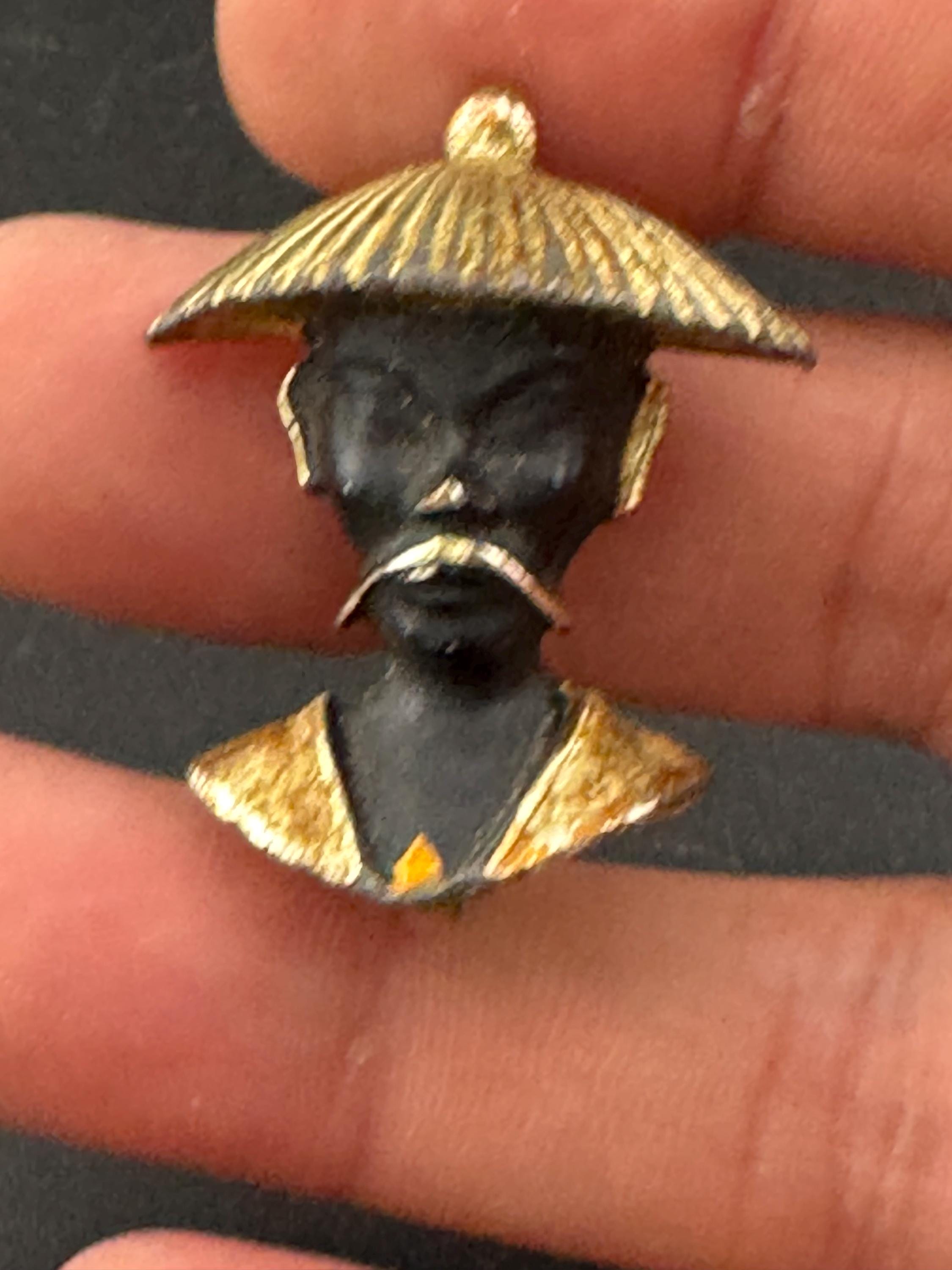 Vintage Gold Tone Far Eastern Chinese man brooch in Black Enamel