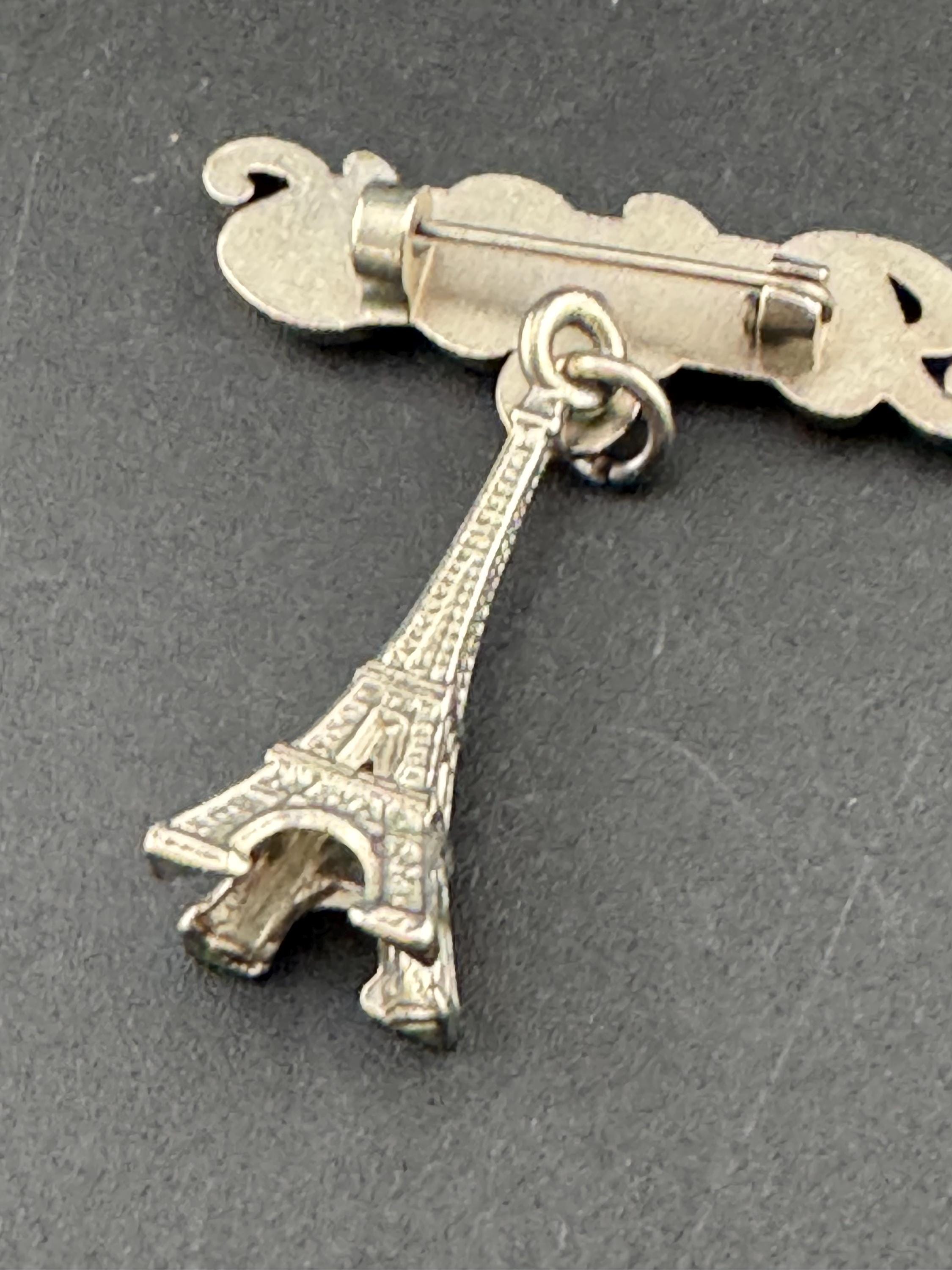 vintage silver tone Eiffel Tower PARIS French tourist brooch mid century