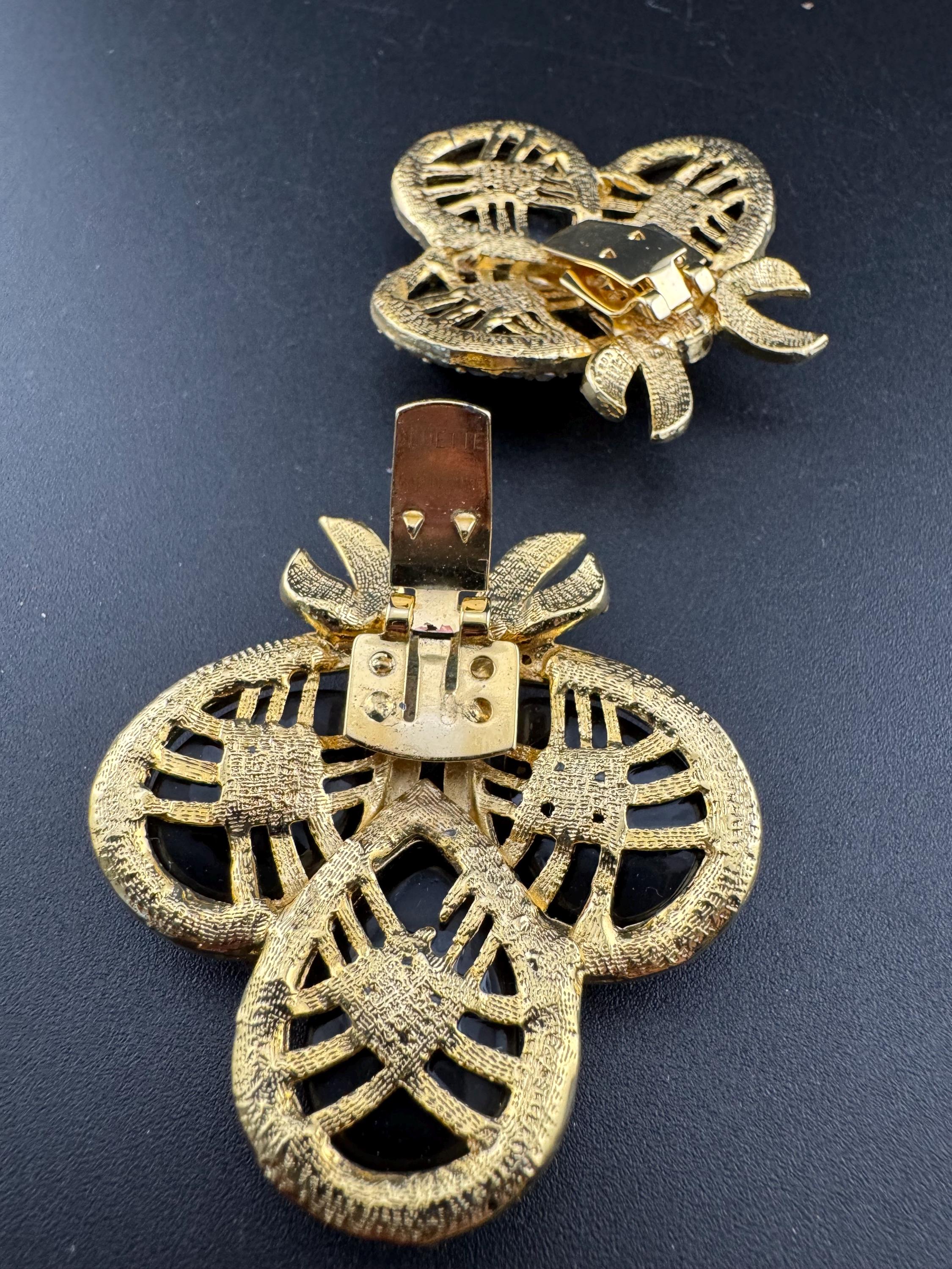 French Bluette Pair of vintage bee shoe Clips made with vintage clear Swarovski Crystal and black  Austrian cabochons, Art Deco Style