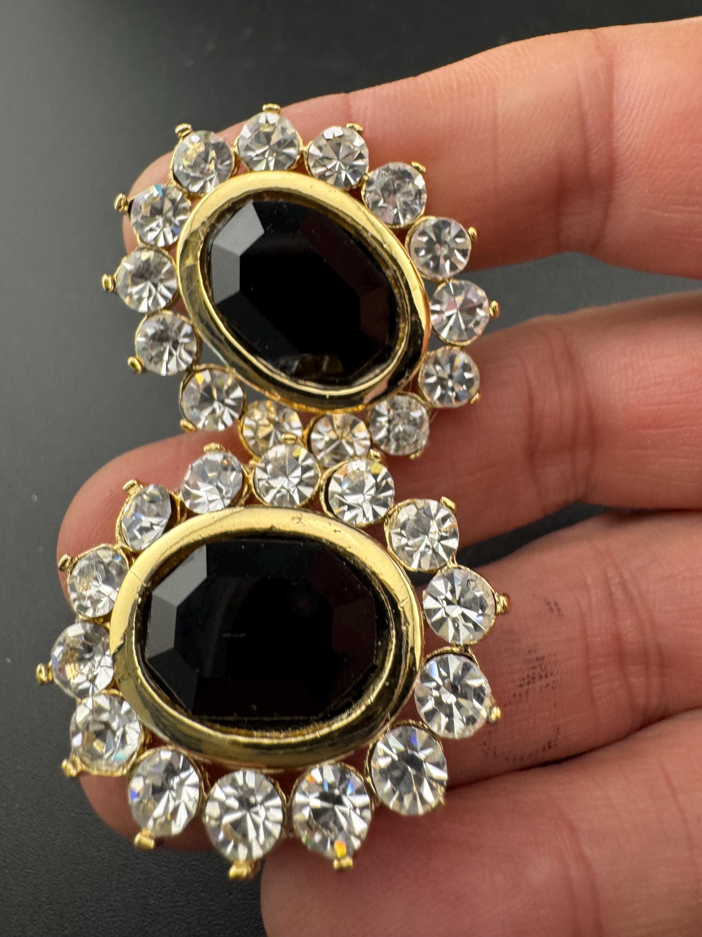 vintage oversized gold tone black Swarovski crystal oval earrings 1980s old shop stock