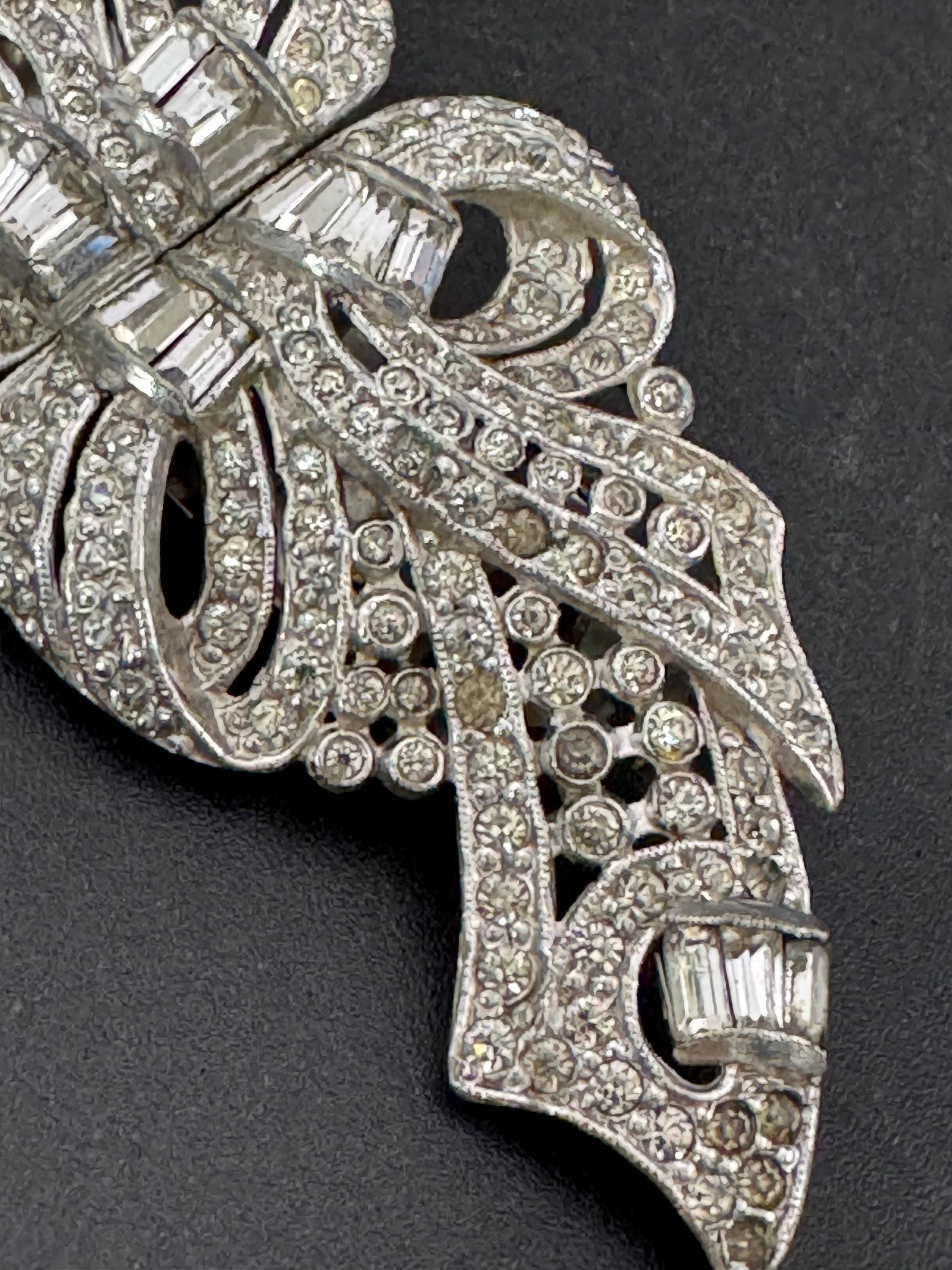 Vintage pair of rhinestone Dress Clips Combination Brooch, duette clip in Silver chrome metal Art Deco