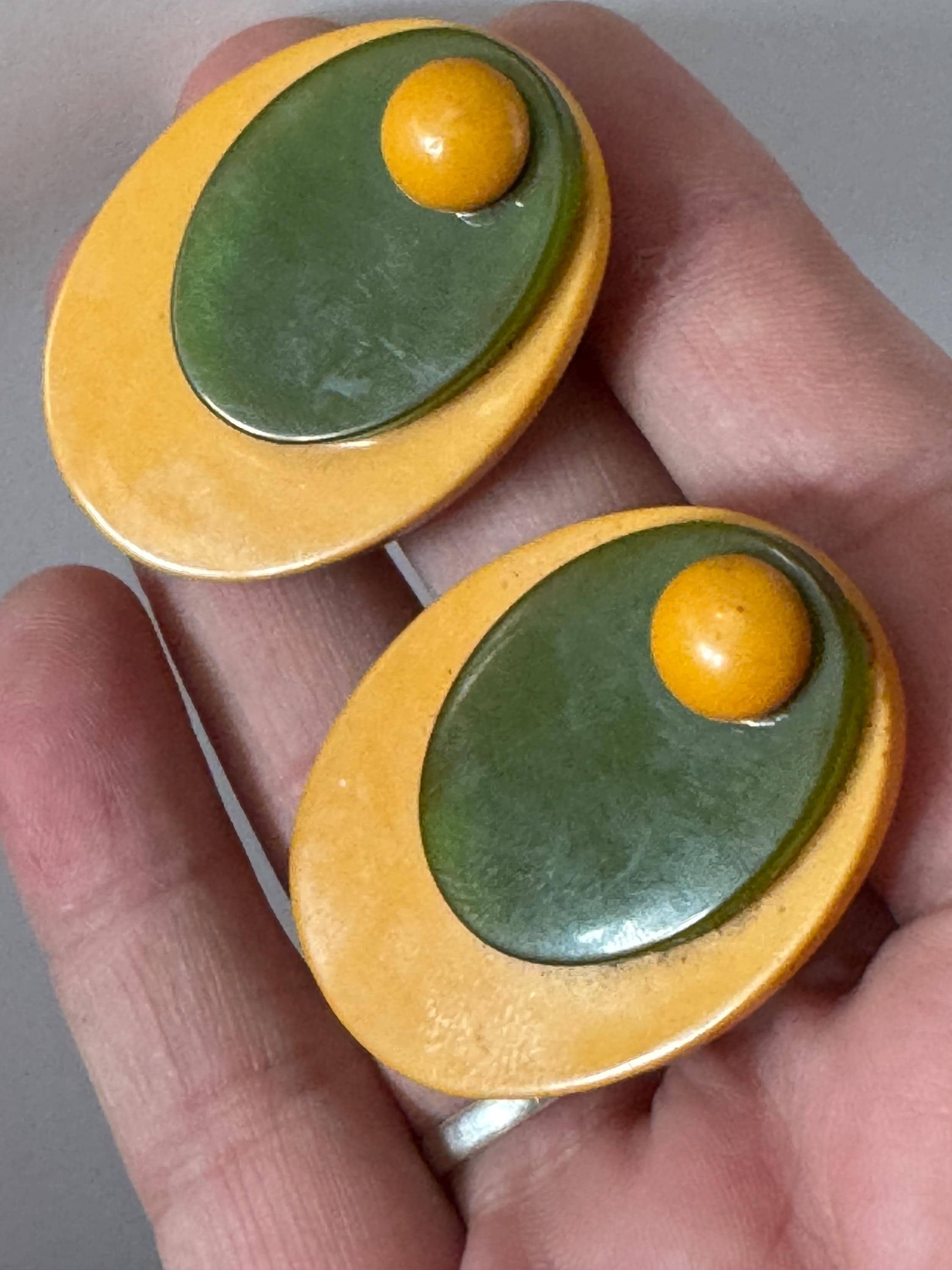 Vintage French Galalith Dress Clips: Mustard Yellow & Olive Green Pair