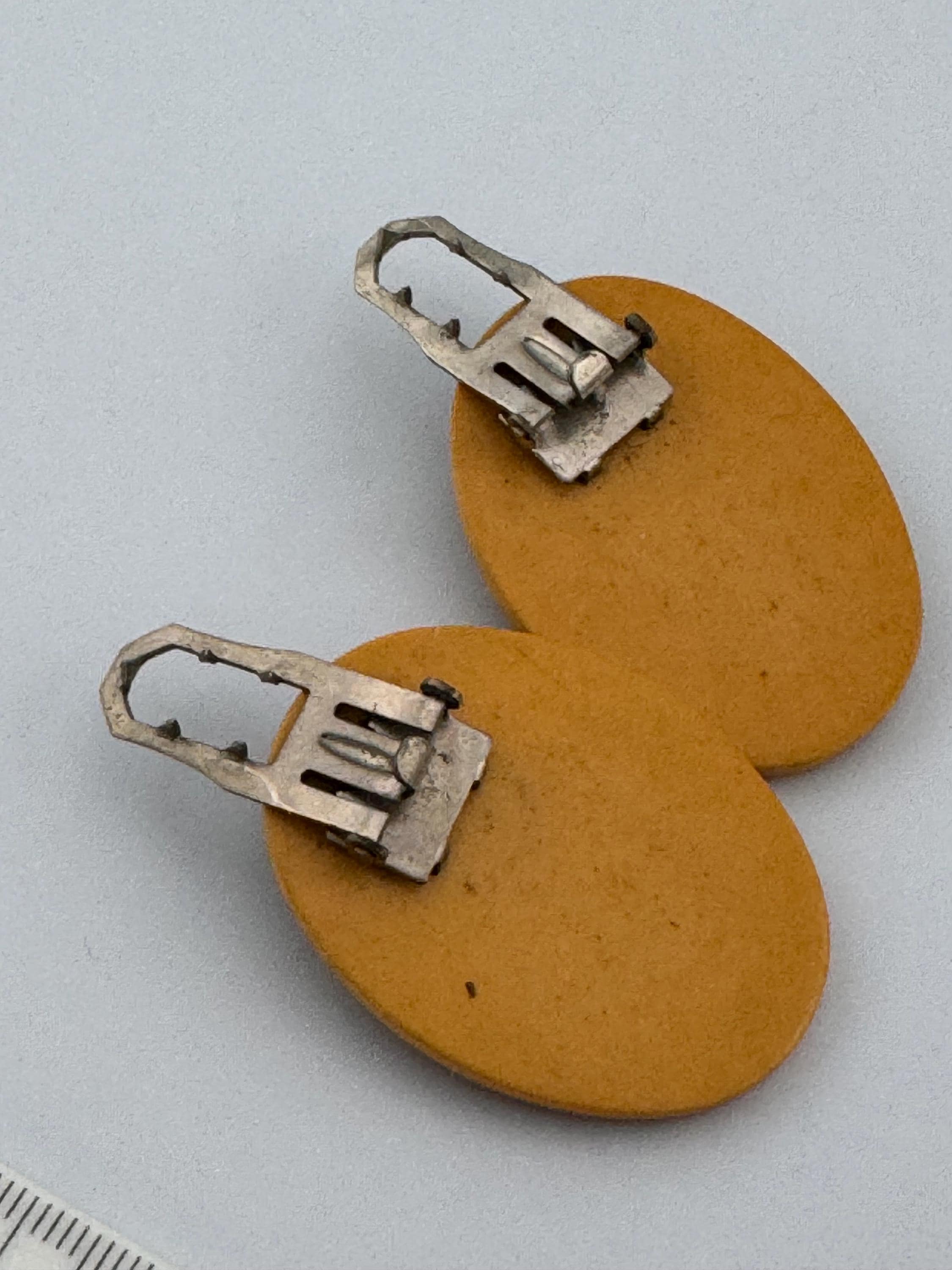 Vintage French Galalith Dress Clips: Mustard Yellow & Olive Green Pair