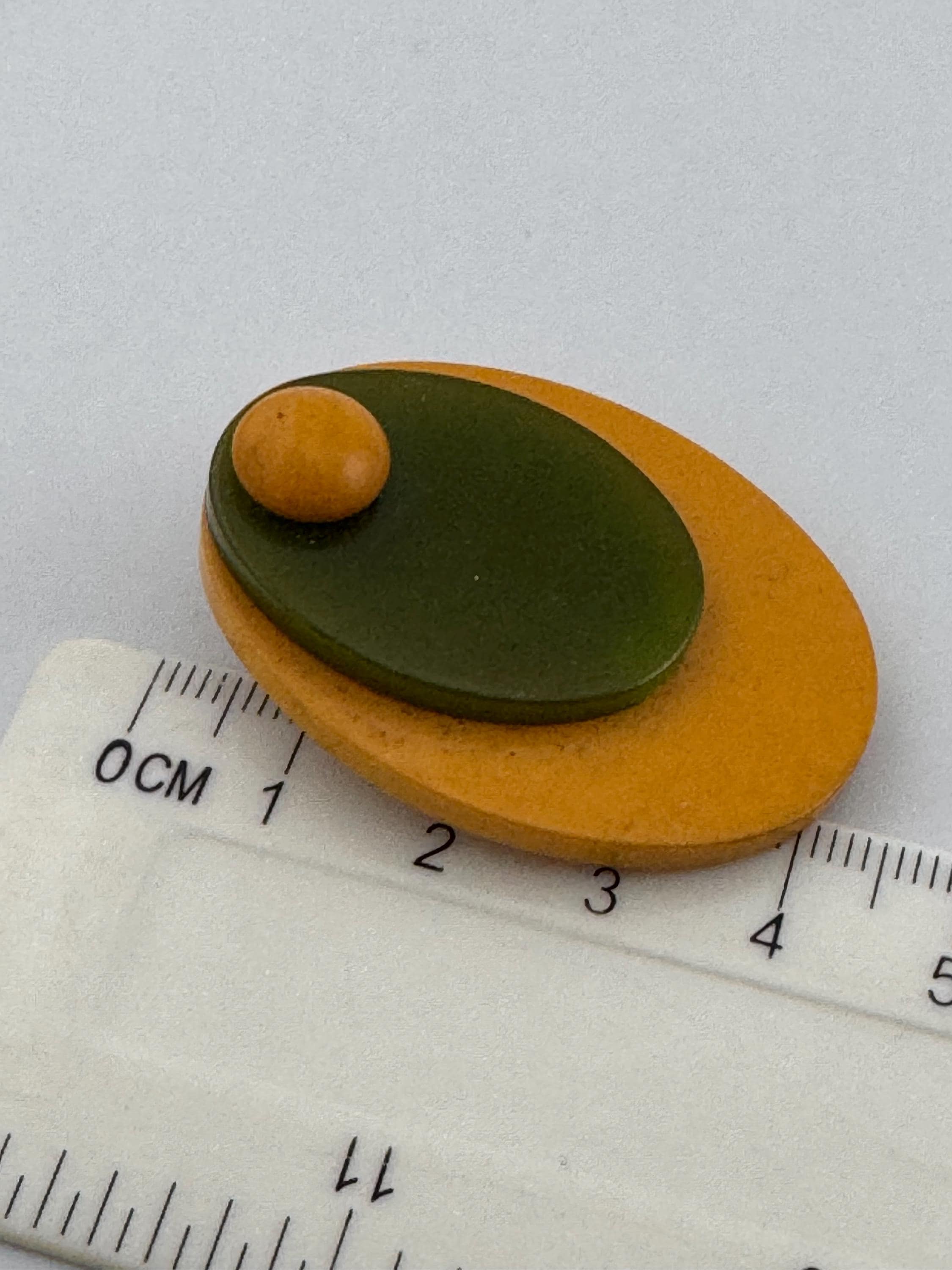 Vintage French Galalith Dress Clips: Mustard Yellow & Olive Green Pair
