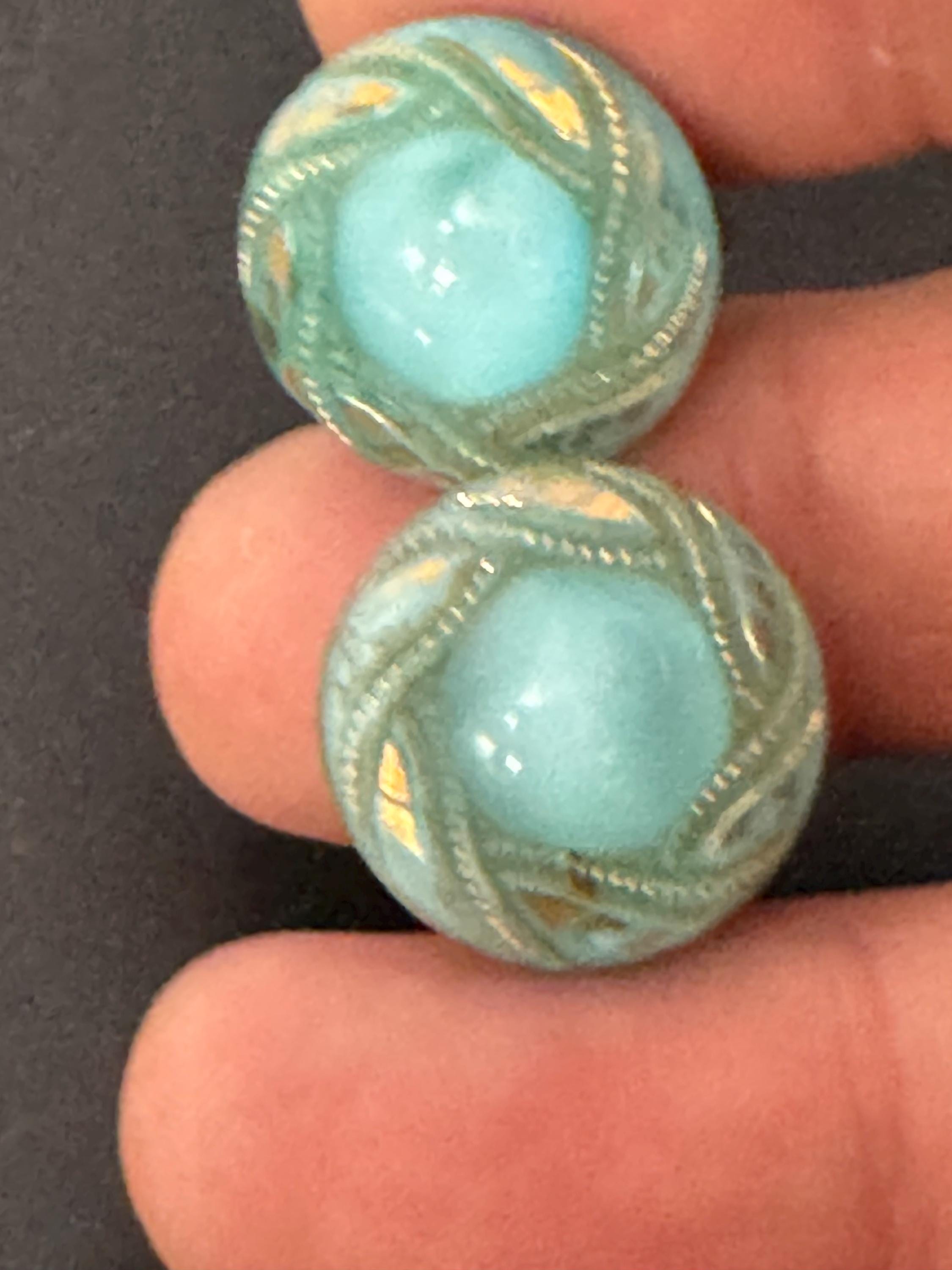 Vintage czech glass ice blue button Clip On Earrings, 1950s 1940s