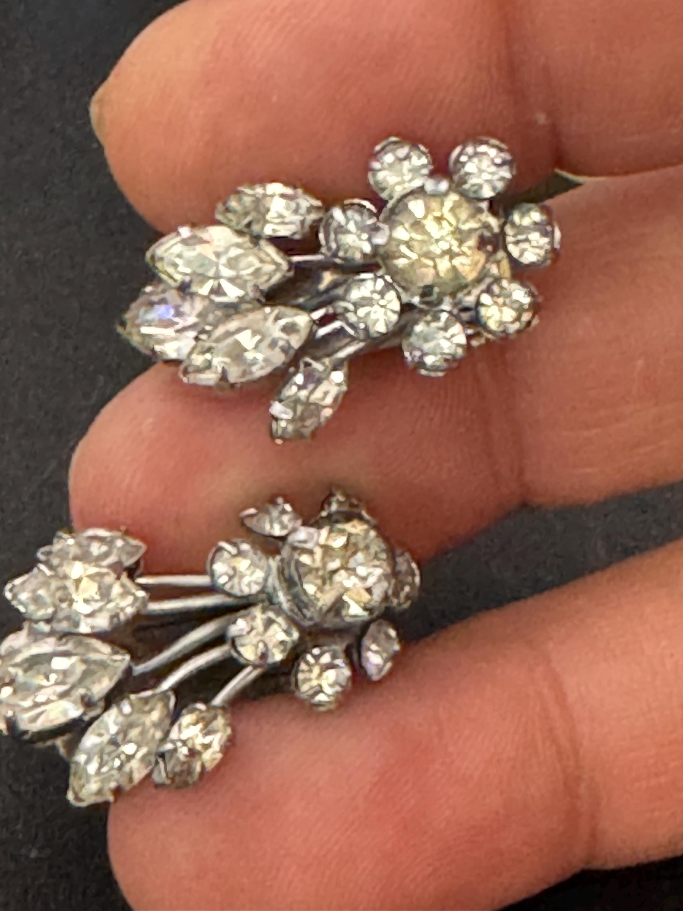 vintage clear Diamanté Rhinestone Clip On stud Earrings mid century