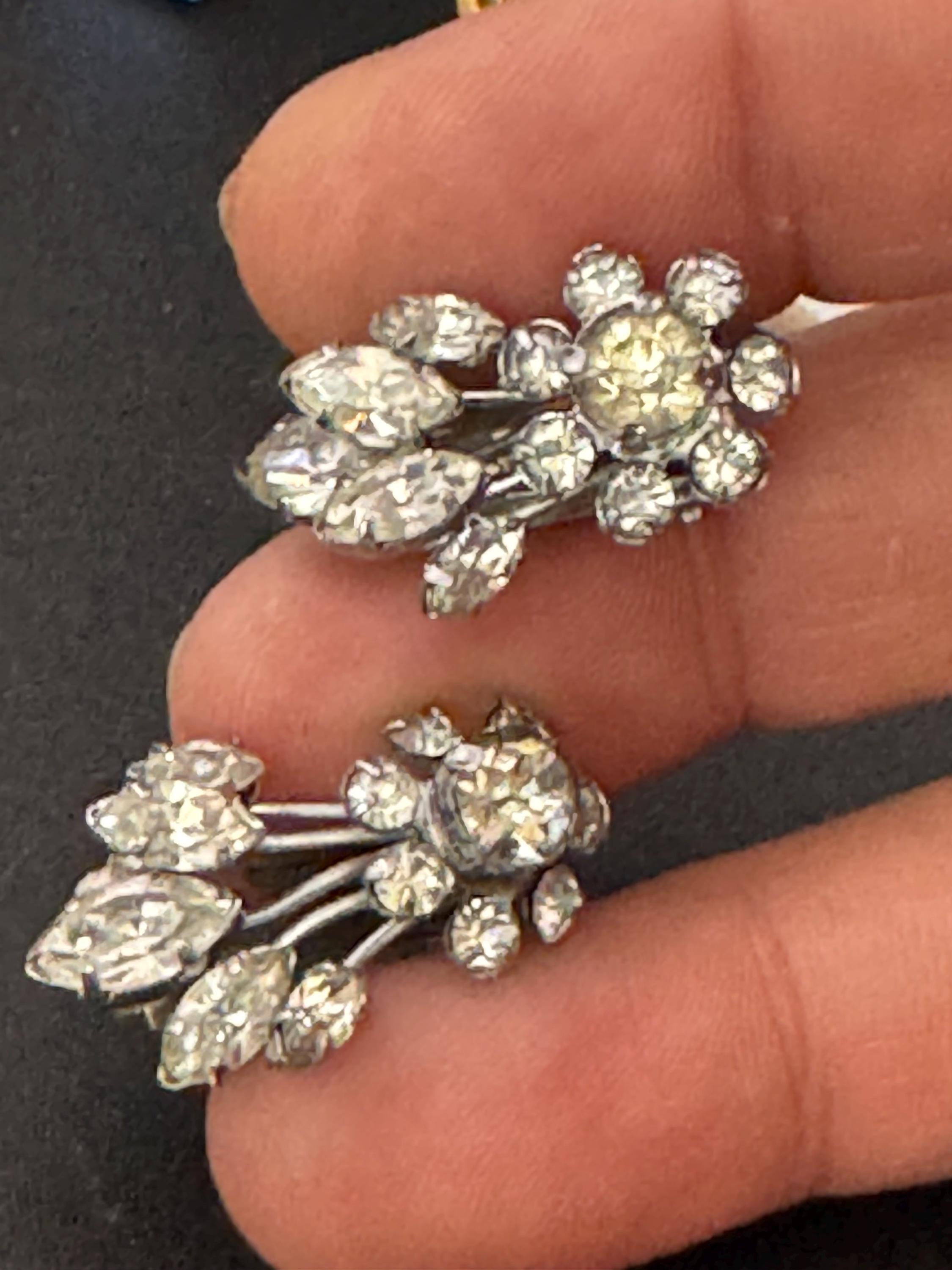 vintage clear Diamanté Rhinestone Clip On stud Earrings mid century