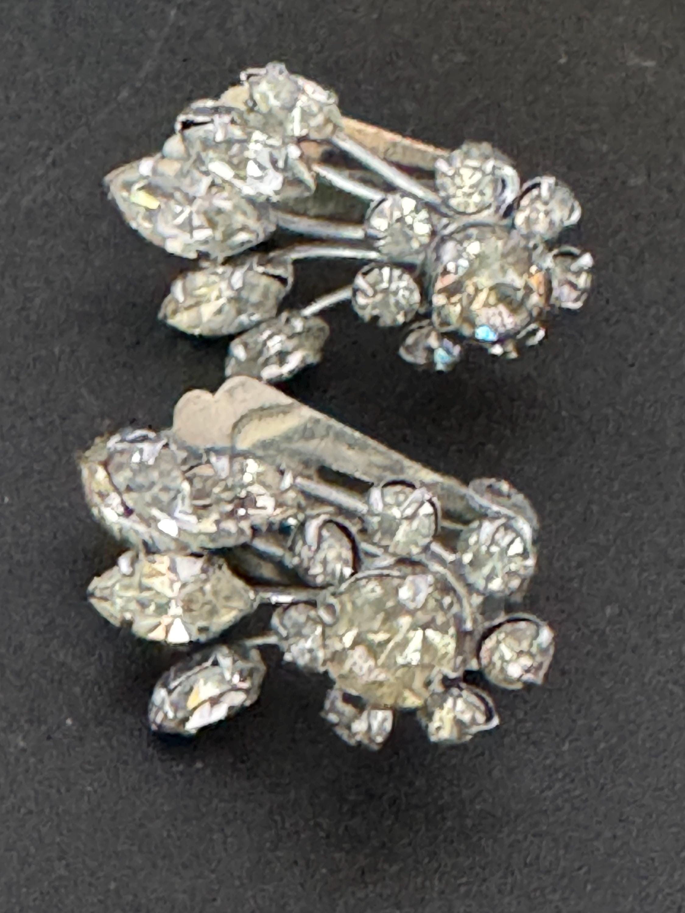 vintage clear Diamanté Rhinestone Clip On stud Earrings mid century