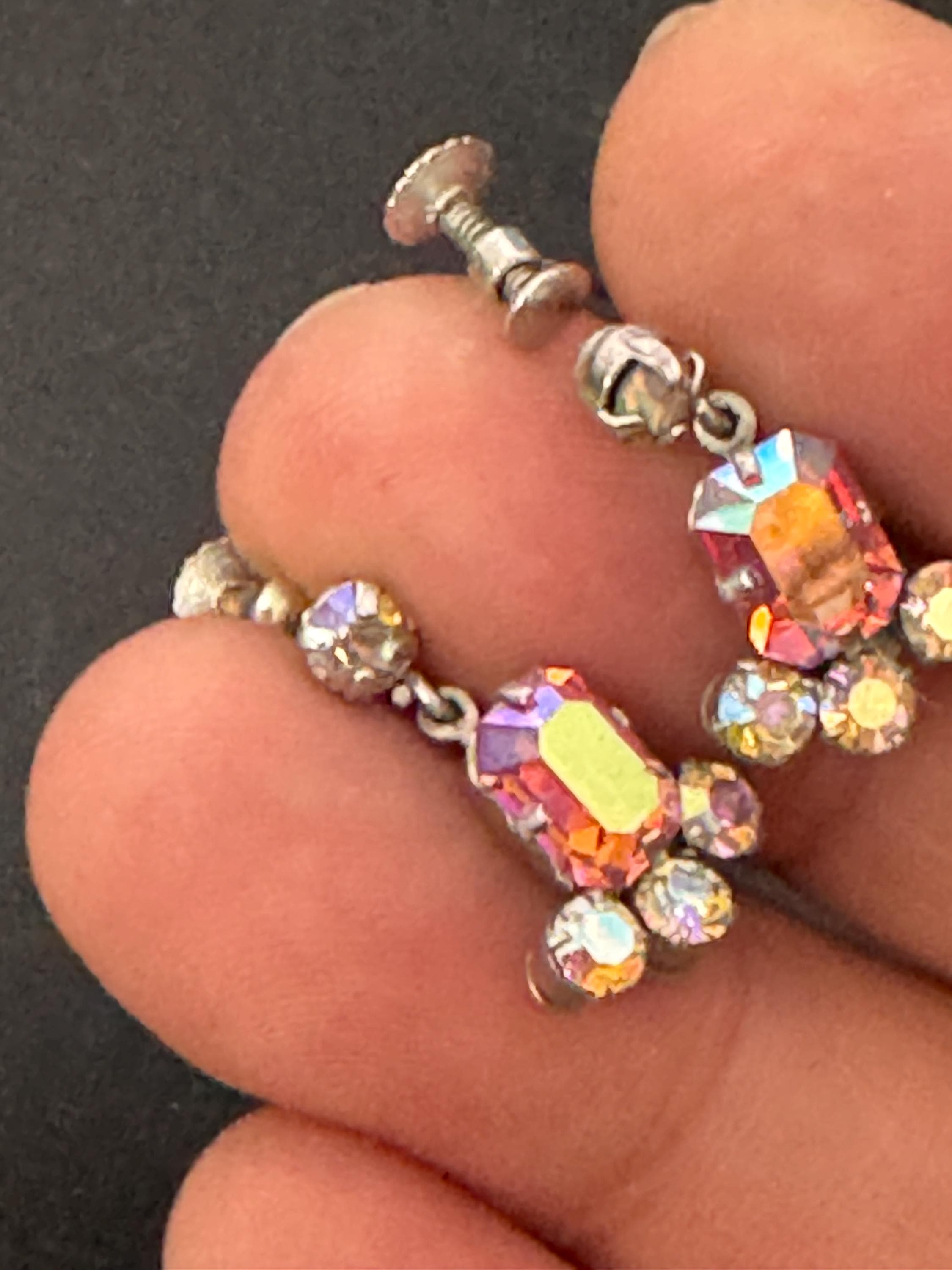 Vintage pink AB Rhinestone Diamanté Clip On drop Earrings Mid Century