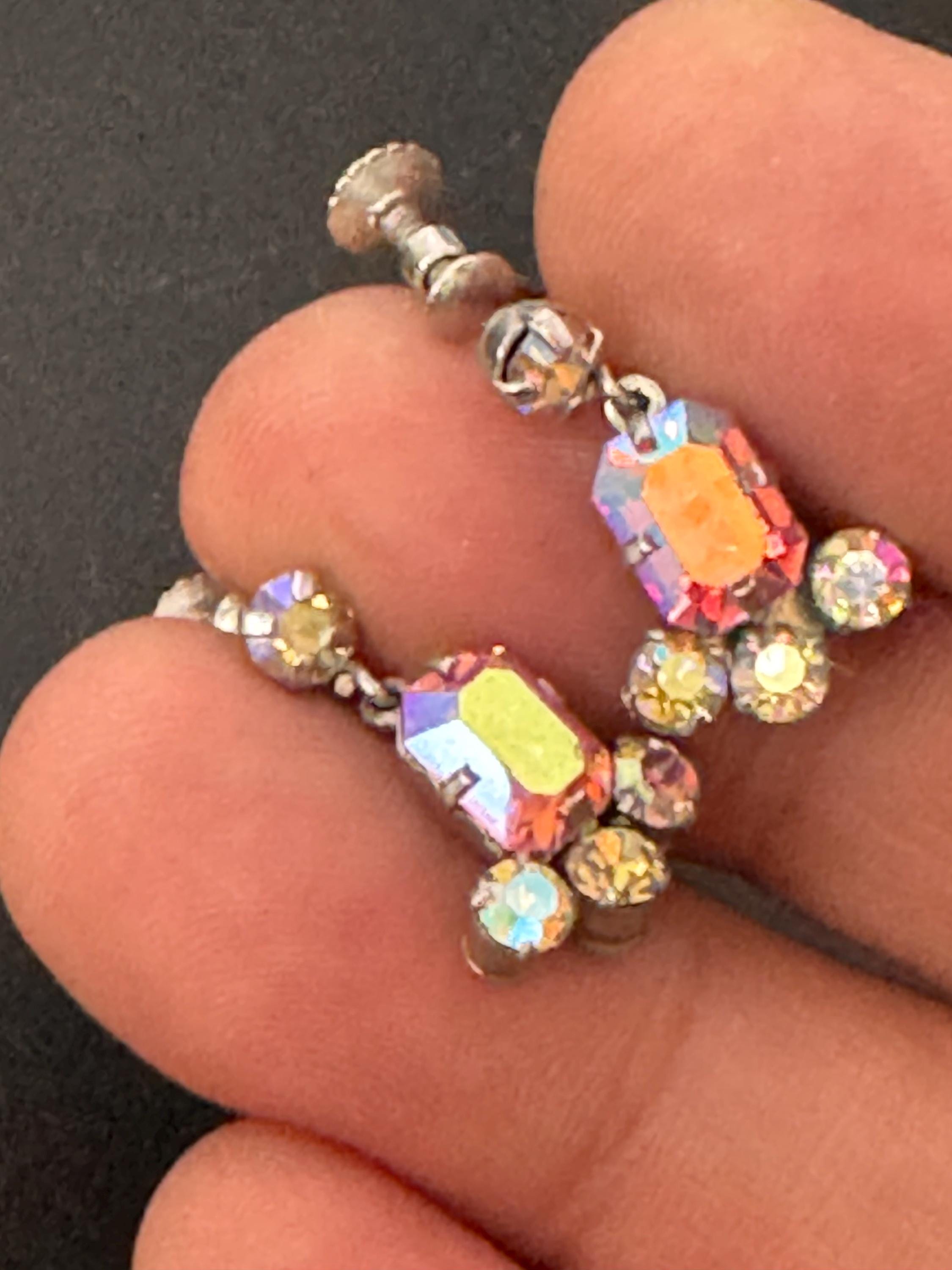 Vintage pink AB Rhinestone Diamanté Clip On drop Earrings Mid Century