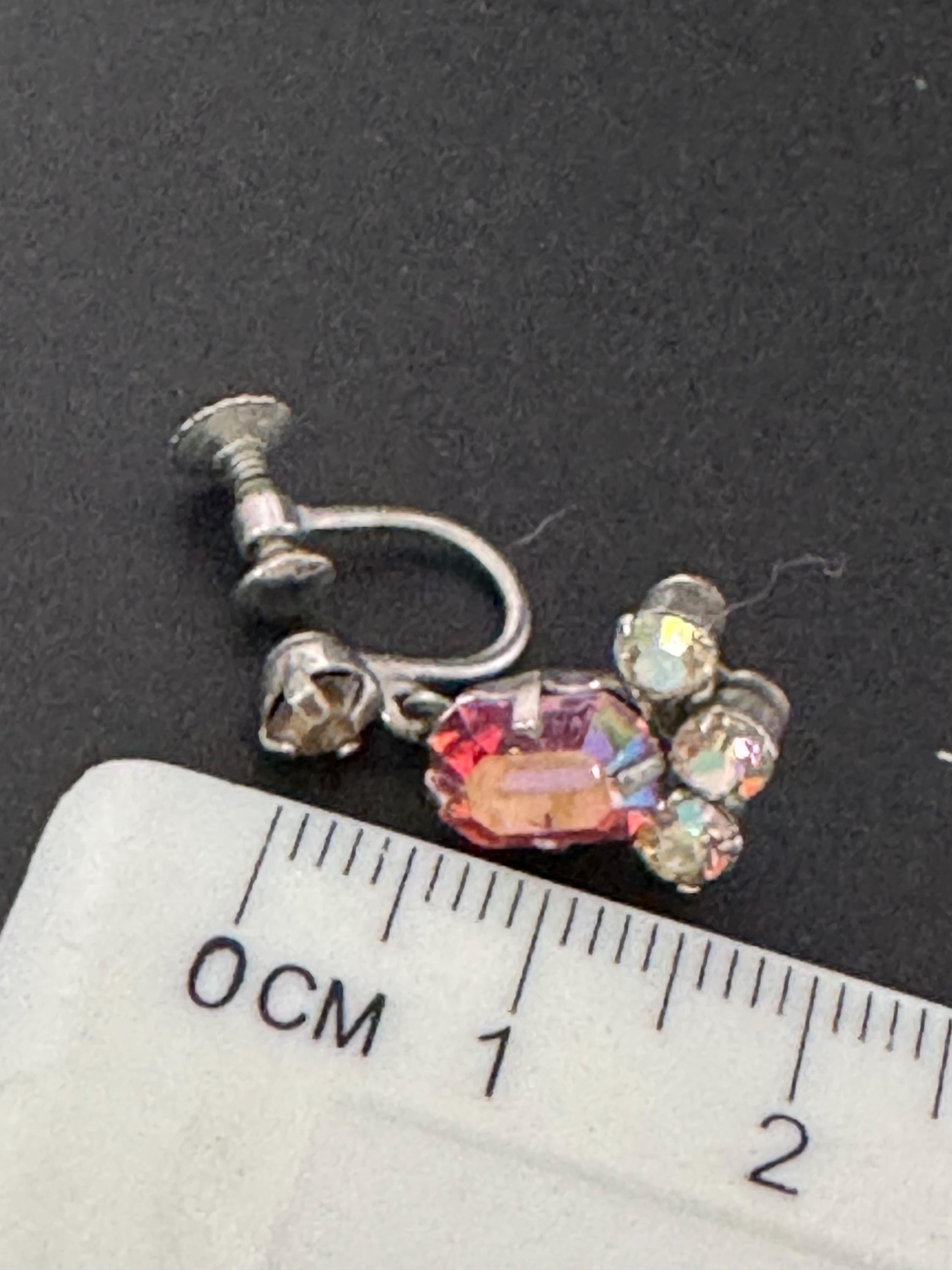 Vintage pink AB Rhinestone Diamanté Clip On drop Earrings Mid Century