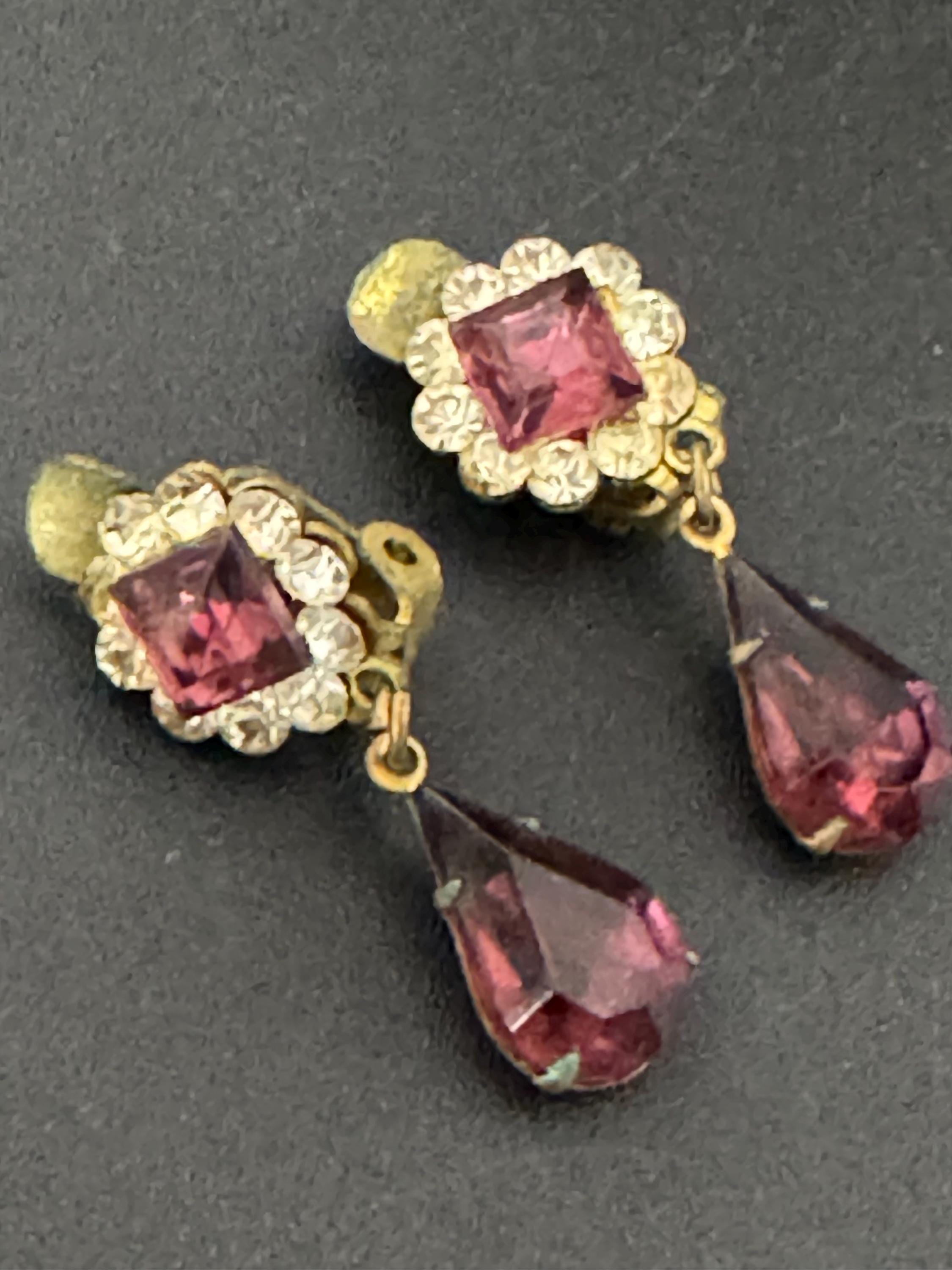 Vintage Amethyst Purple and clear Rhinestone Glass Paste Diamante  Drop Clip on Earrings