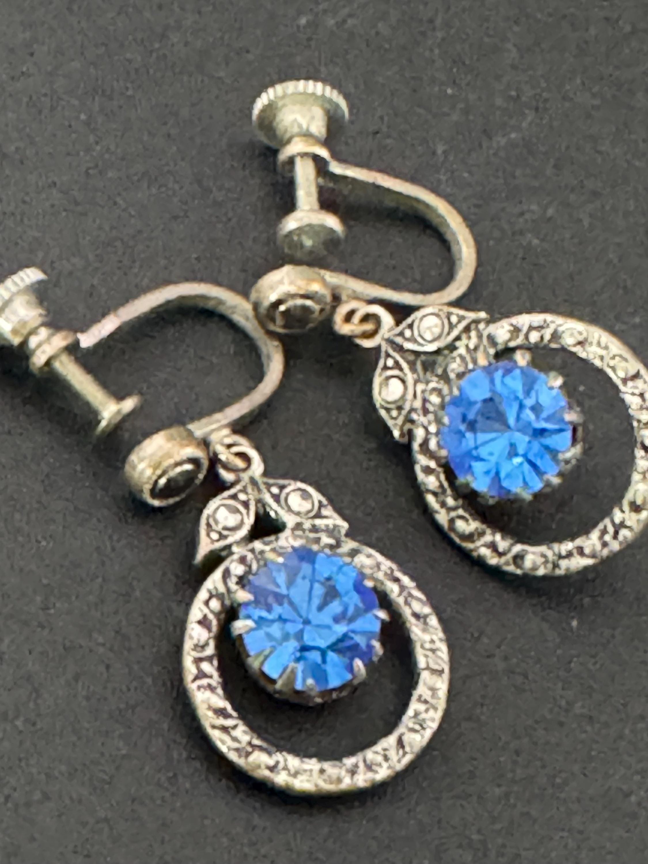 Vintage sapphire Blue and faux marcasite dainty Drop Clip on Earrings with screw back fitting