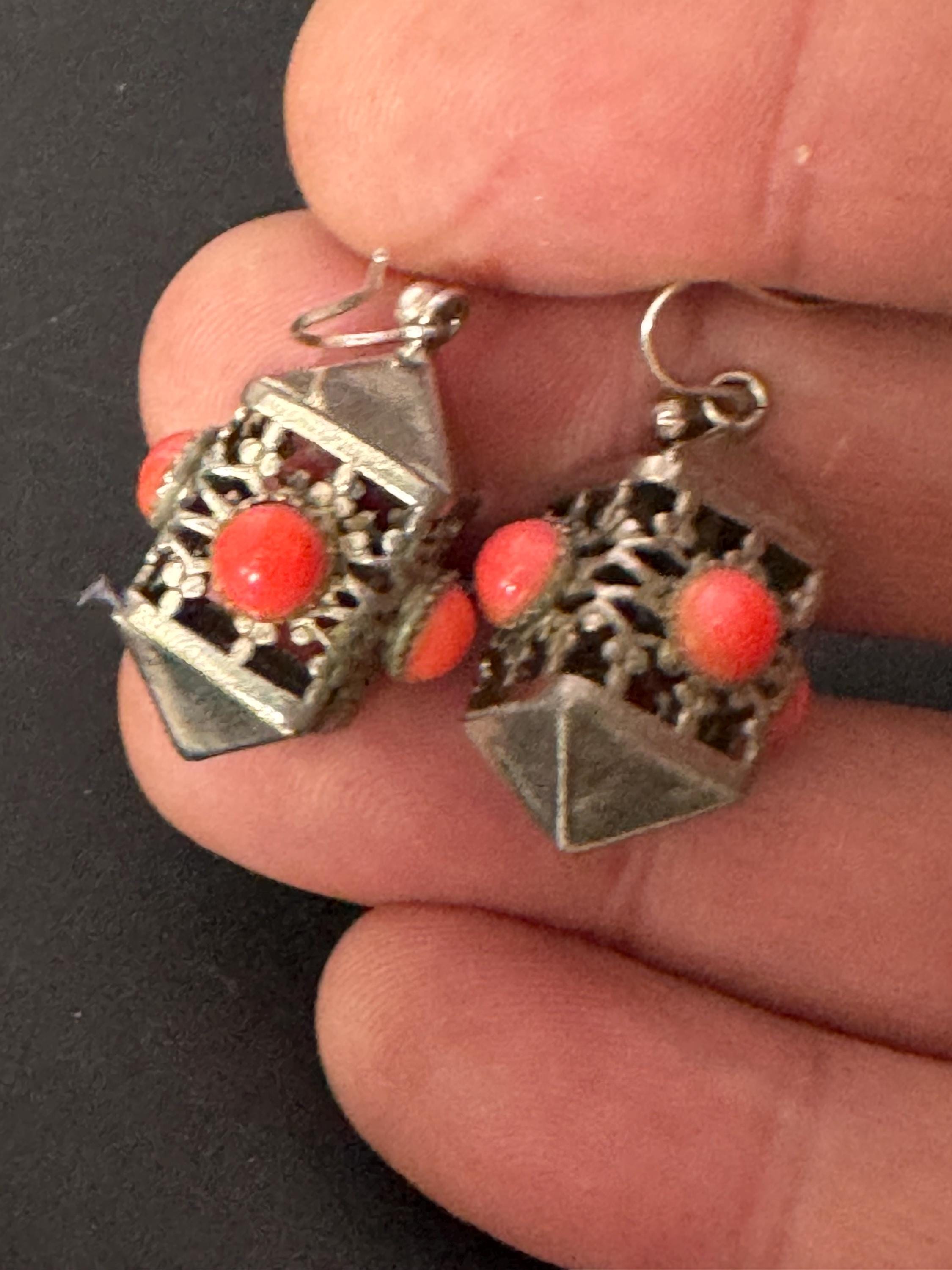 Vintage Chinese lantern clip on drop earrings silver tone steel with red coral cabochons