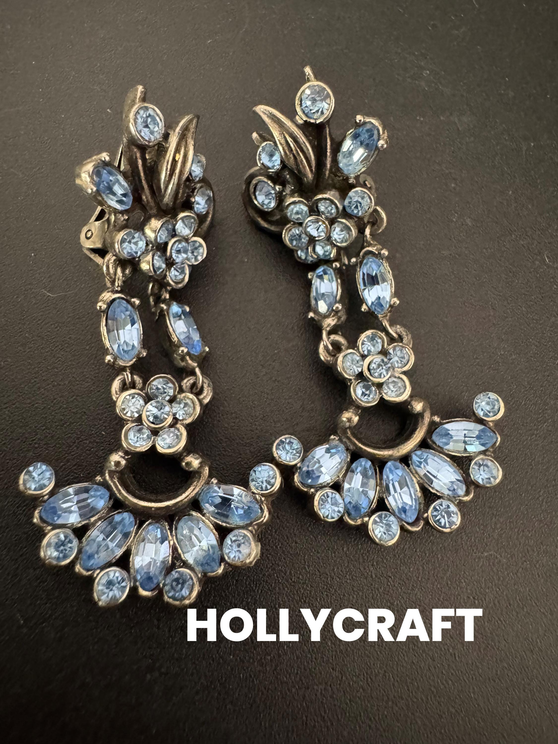 Signed HOLLYCRAFT sapphire blue rhinestone diamanté long drop  articulated earrings Vintage silver tone