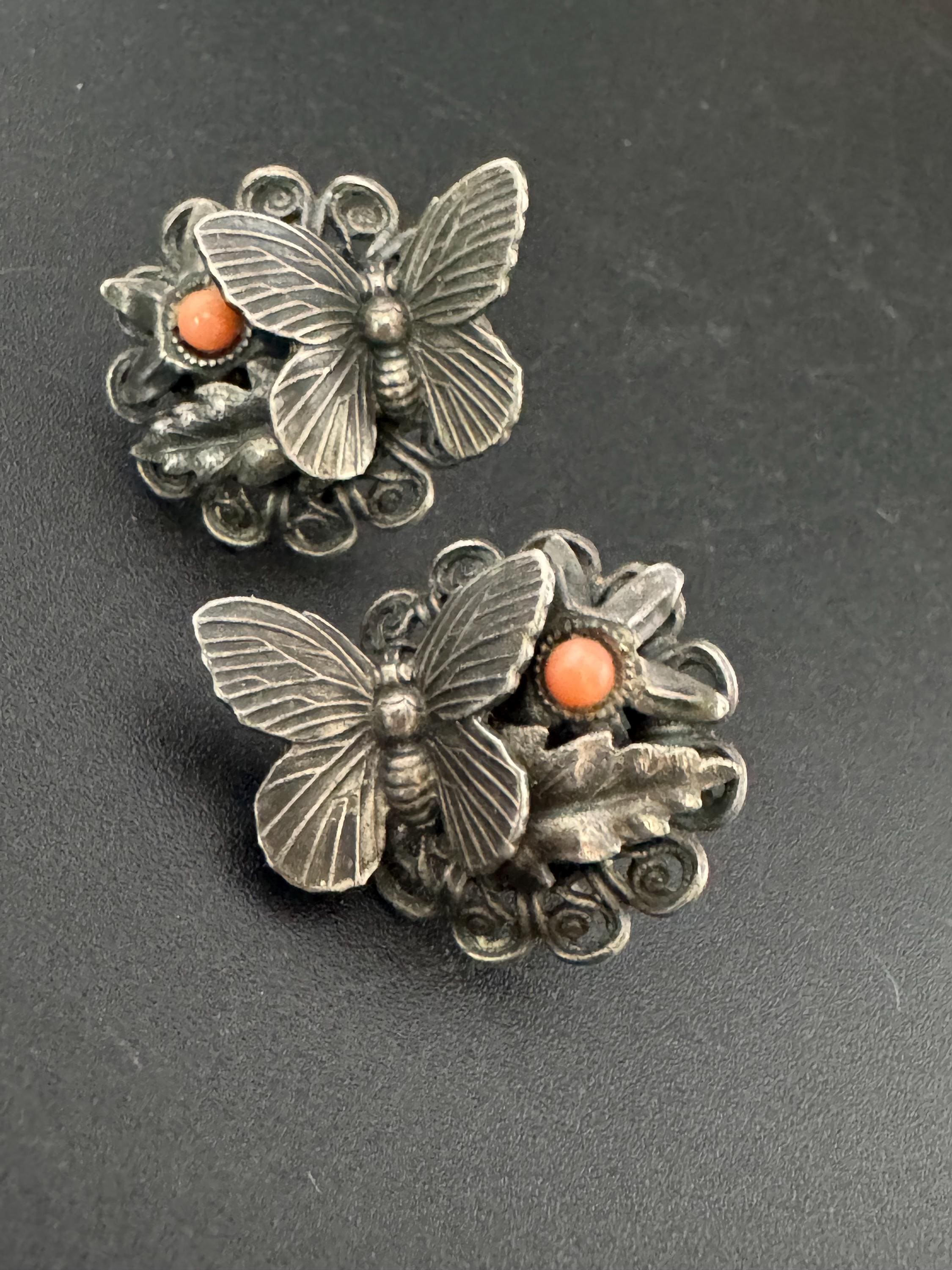 Vintage czech filigree work floral butterfly clip on earrings set with coral cabochons, screw backs