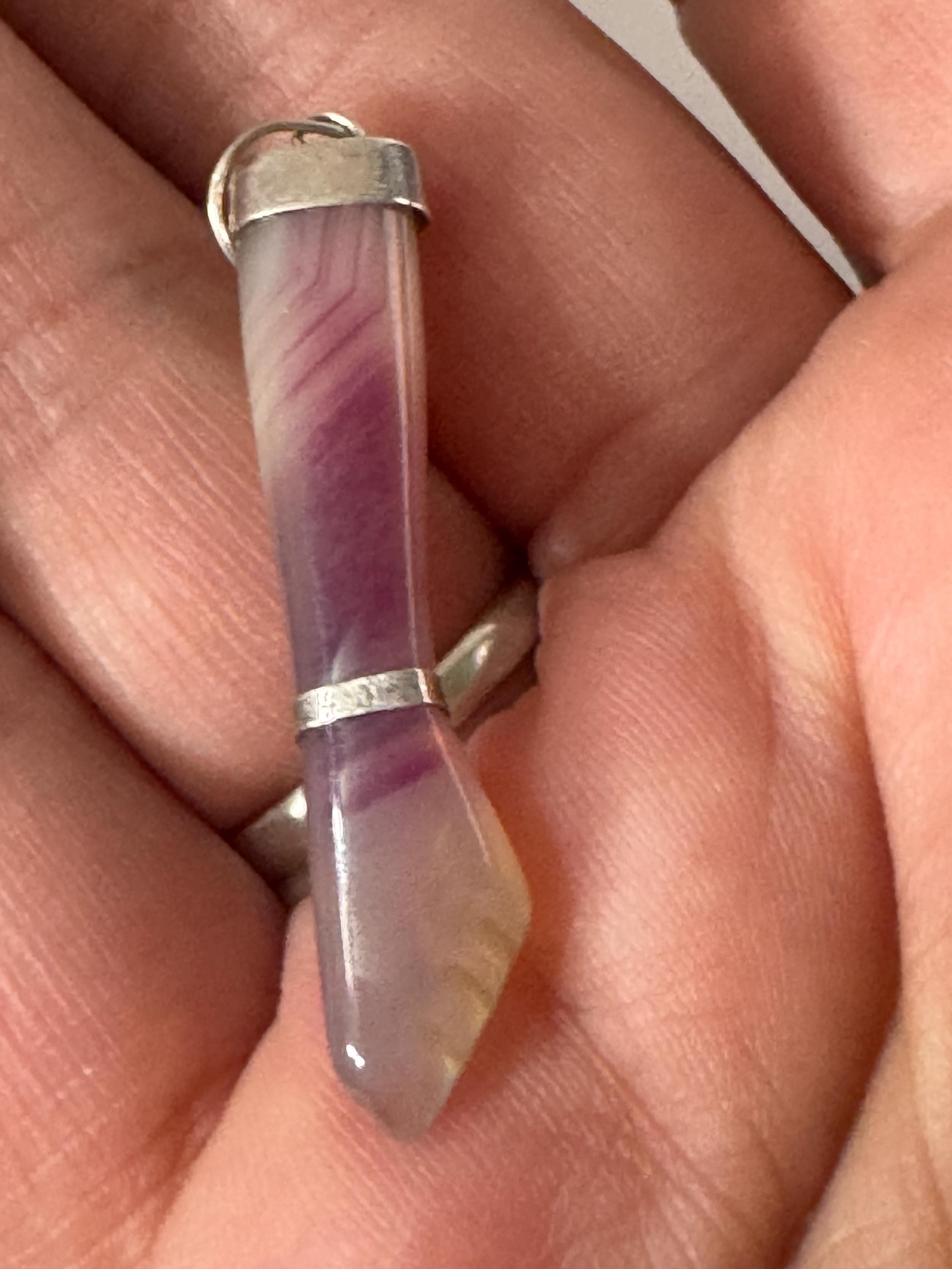 vintage carved amethyst gemstone long figa fist hand pendant see in silver white metal