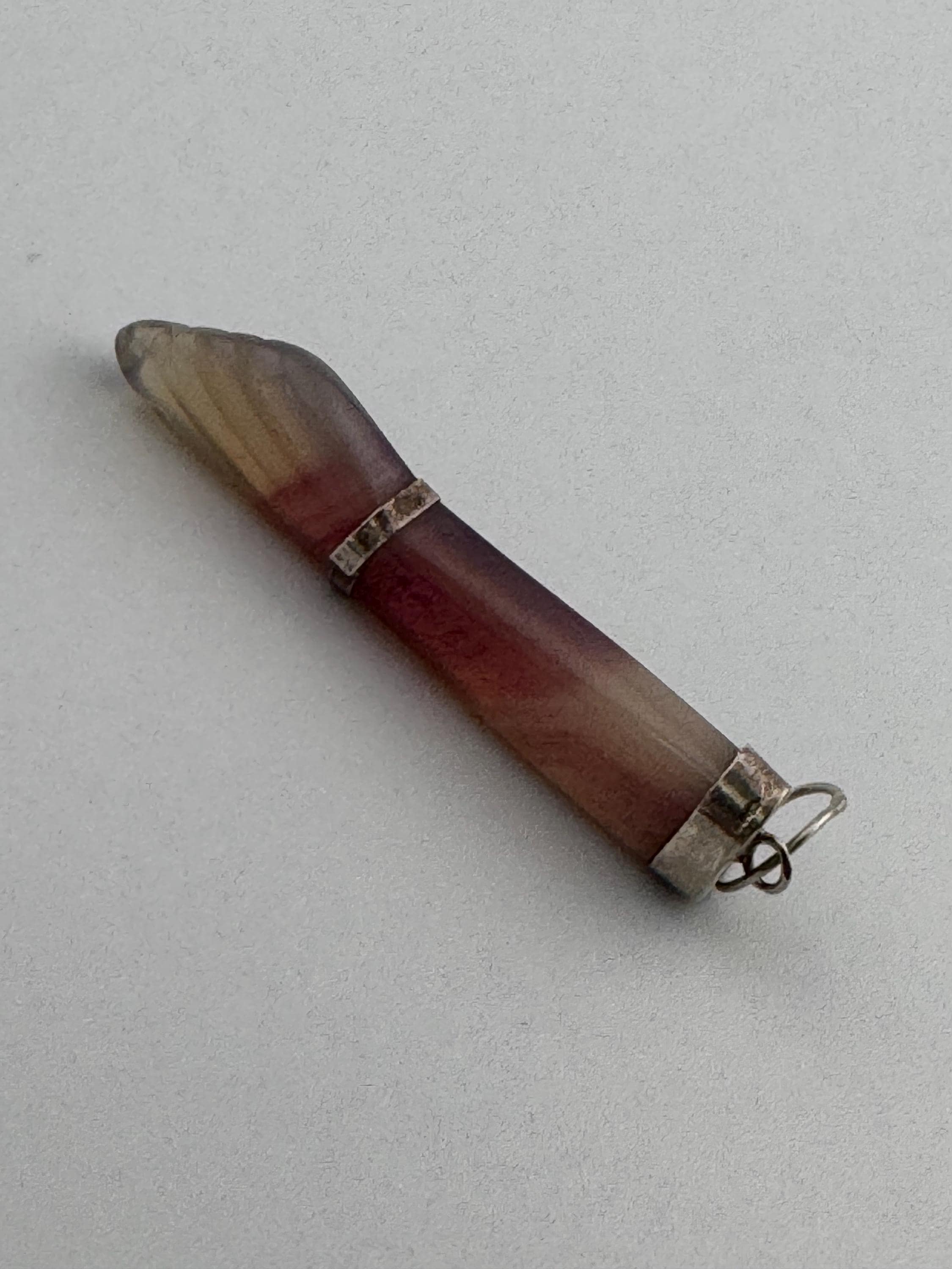 vintage carved amethyst gemstone long figa fist hand pendant see in silver white metal